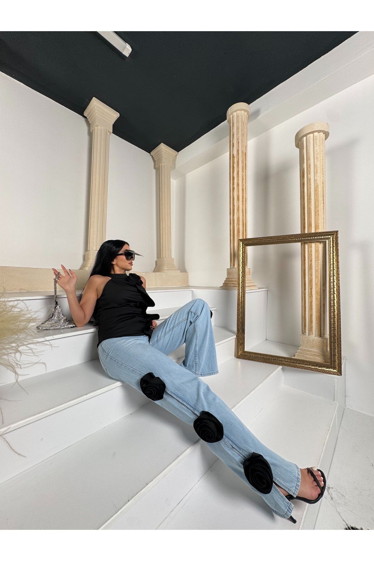 Kadın Ithal Denimden Yanlar Gül Işlemeli Cepli Özel Tasarım Mom Jeans - Siyah
