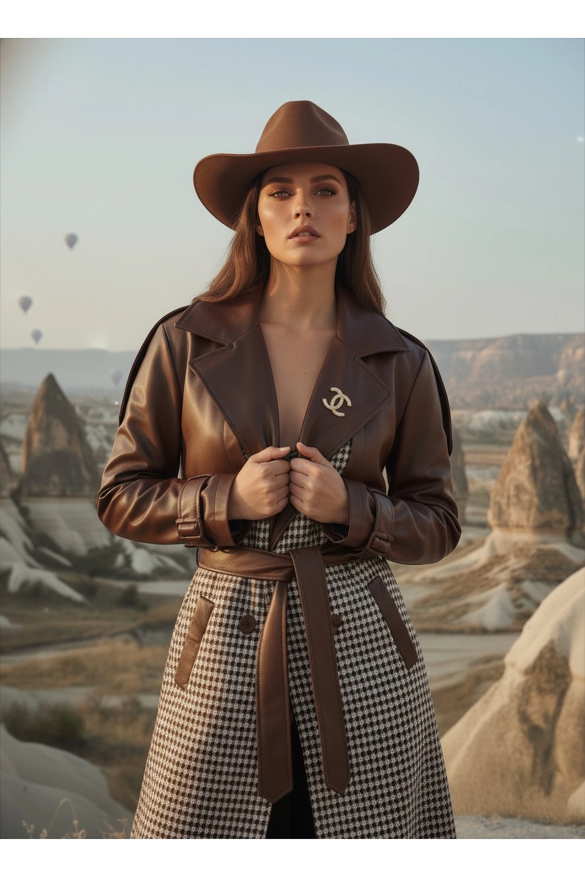 İthal Kumaştan Deri Detaylı Kuşaklı Düğmeli Astarlı Özel Tasarım Kareli Maxi Kaban - Kahverengi