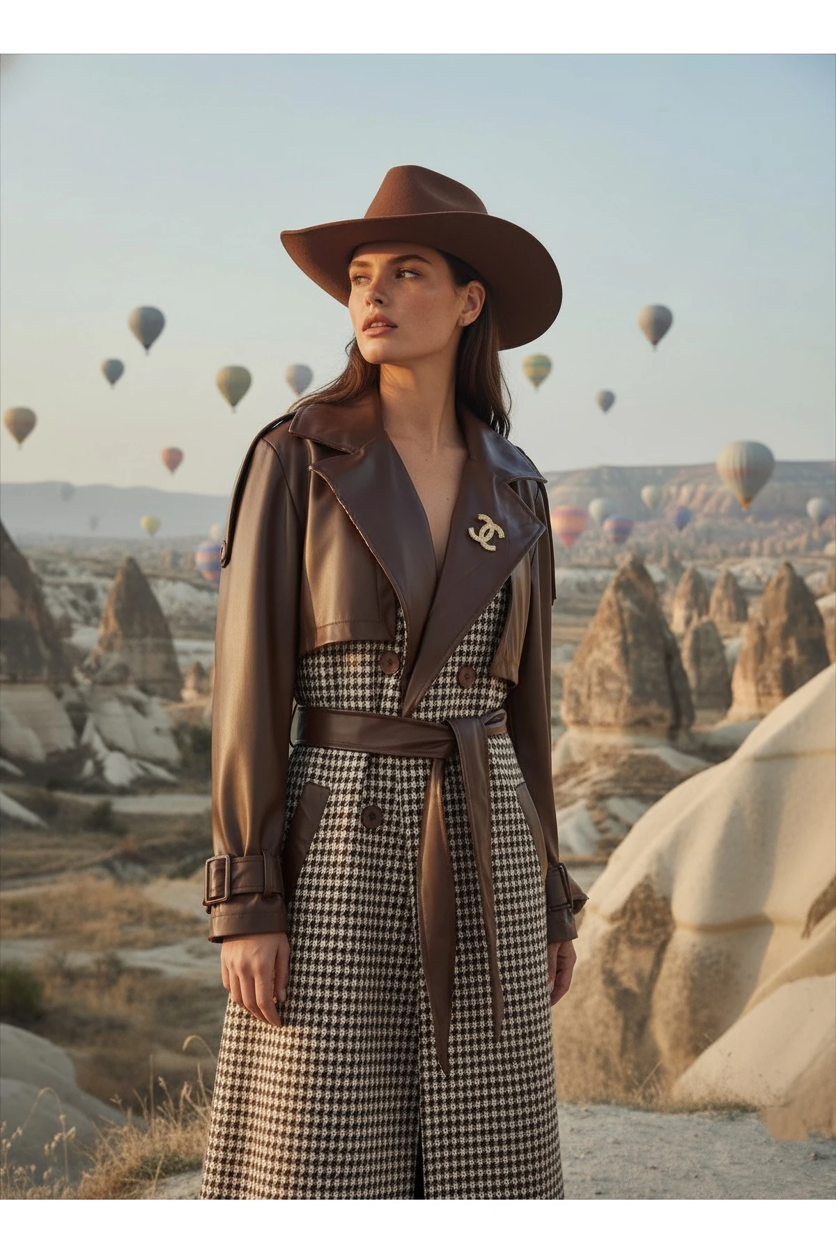 İthal Kumaştan Deri Detaylı Kuşaklı Düğmeli Astarlı Özel Tasarım Kareli Maxi Kaban - Kahverengi