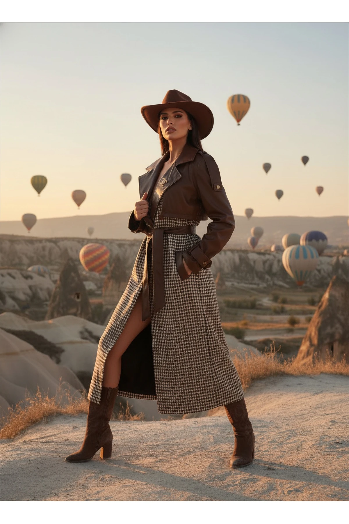 İthal Kumaştan Deri Detaylı Kuşaklı Düğmeli Astarlı Özel Tasarım Kareli Maxi Kaban - Kahverengi