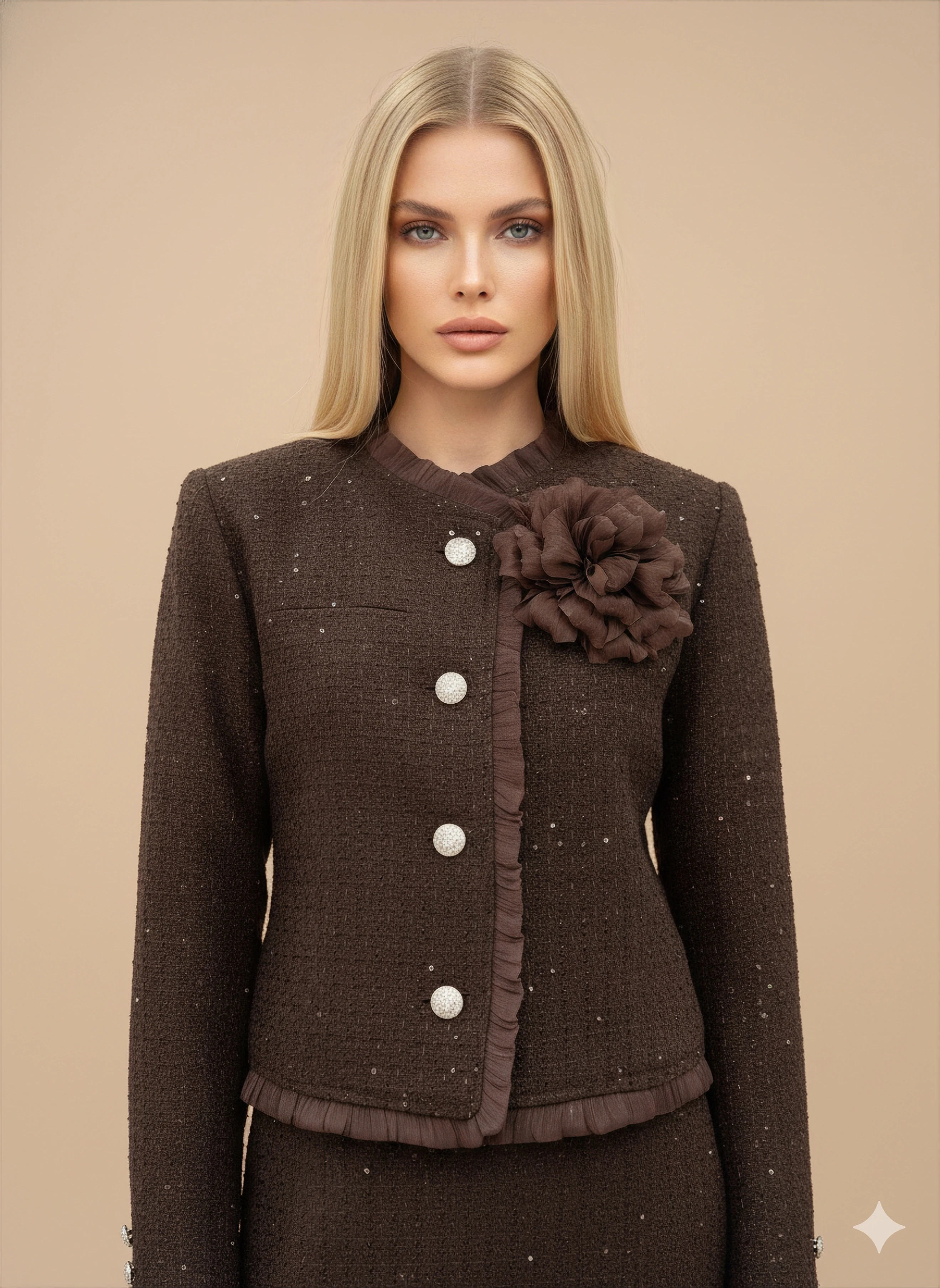 Kadın İthal Tüvit Kumaş Gül Detaylı Astarlı Ceket Etek Özel Tasarım Alt-Üst Takım - Kahverengi