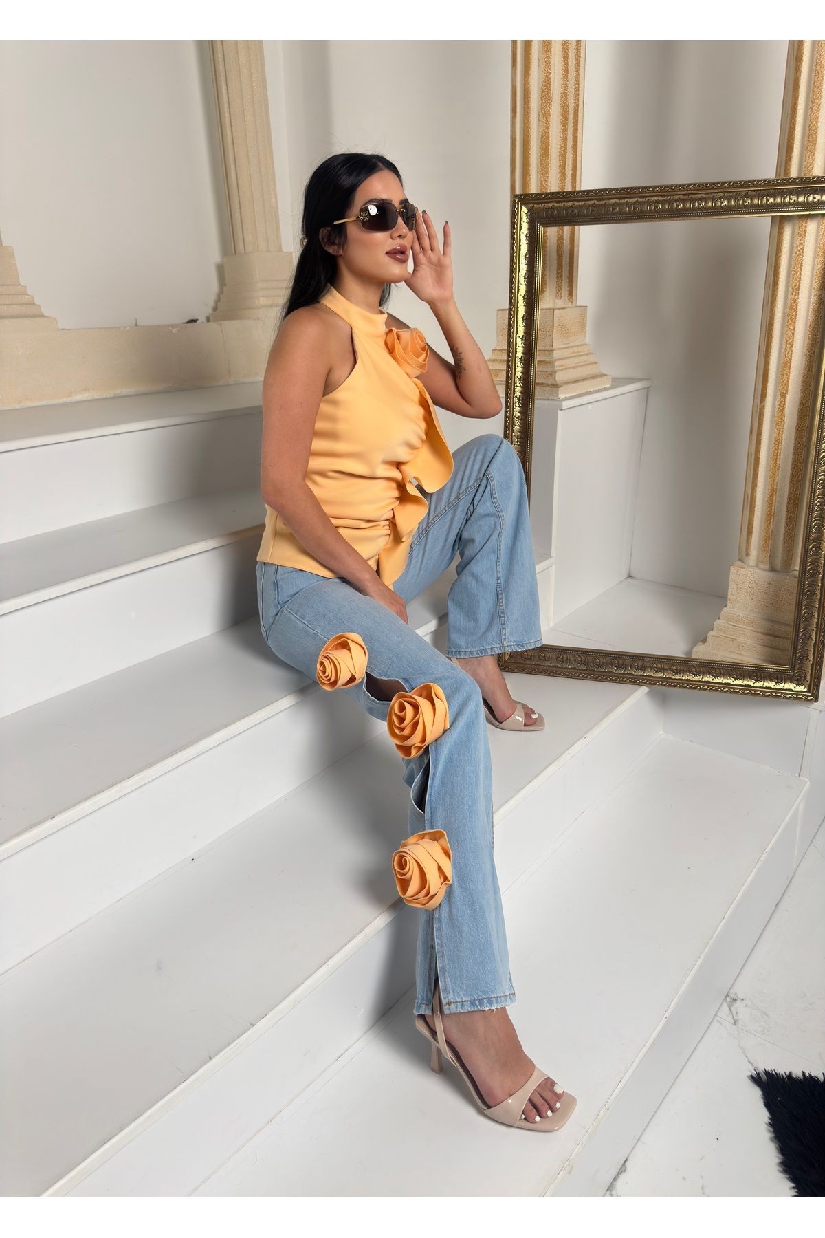 Üst İthal Astarlı Scuba Kumaş Gül Ve Şal Detay Bluz Alt İthal Denim Yan Gül Detay Özel Tasarım Takım - turuncu