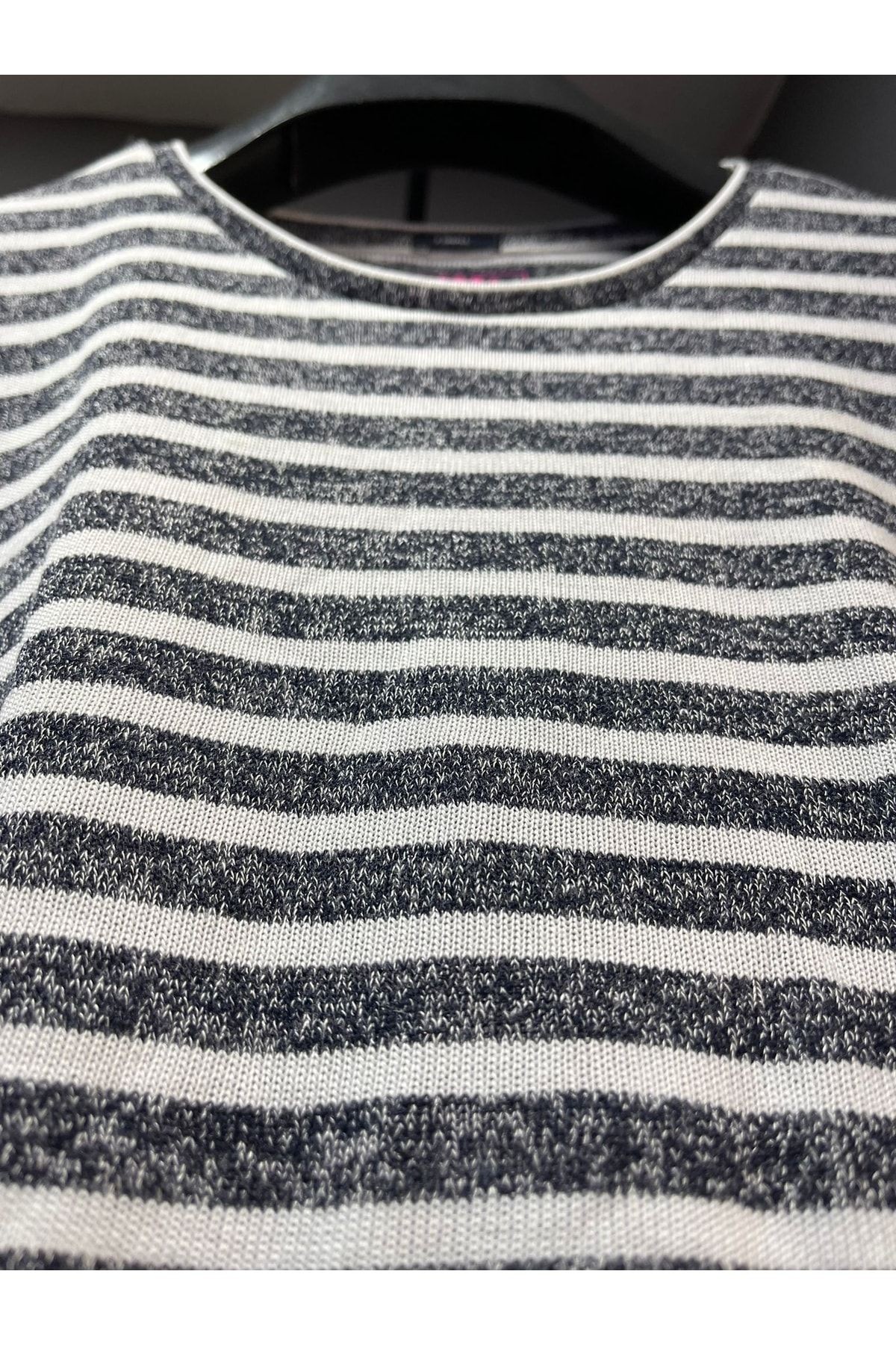 Kadın Kaşkorse Muline Kumaş Bisiklet Yaka Çizgili Örme Bluz T-shirt