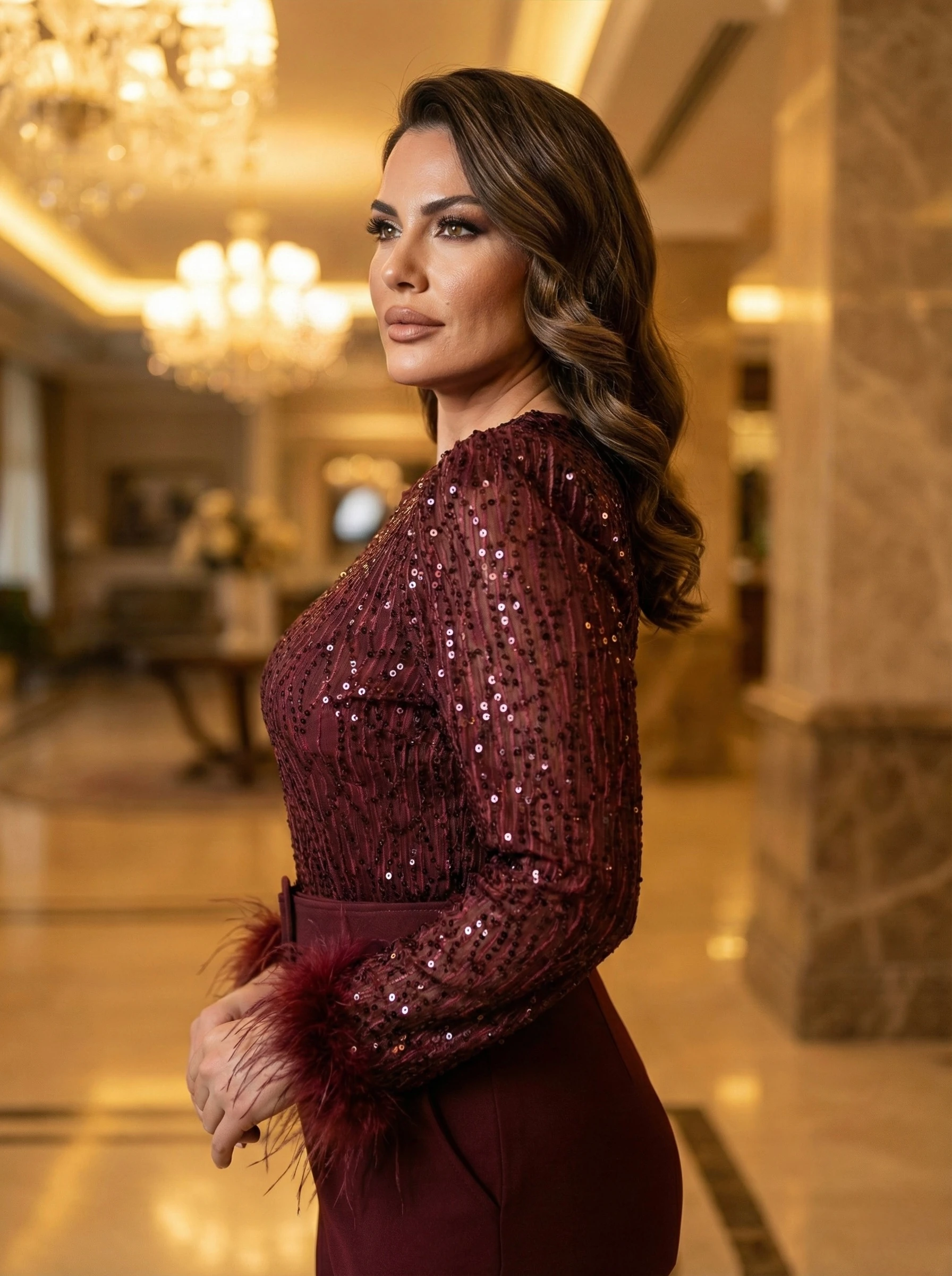 Kadın İthal Kumaştan Payetli Kemerli Kollar Otriş Detay Astarlı Özel Tasarım Tulum - Bordo