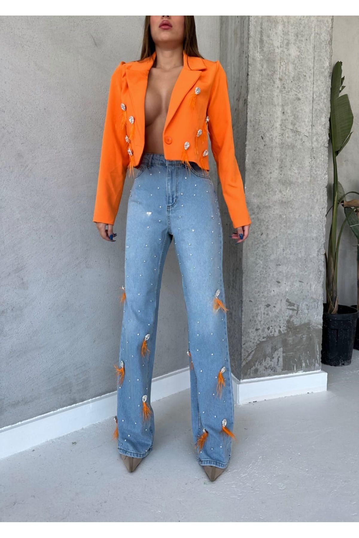 Kadın Mom Jeans Dokuma Ceket Astarlı Taş Ve Püskül Kombin Tasarım Alt-Üst Takım