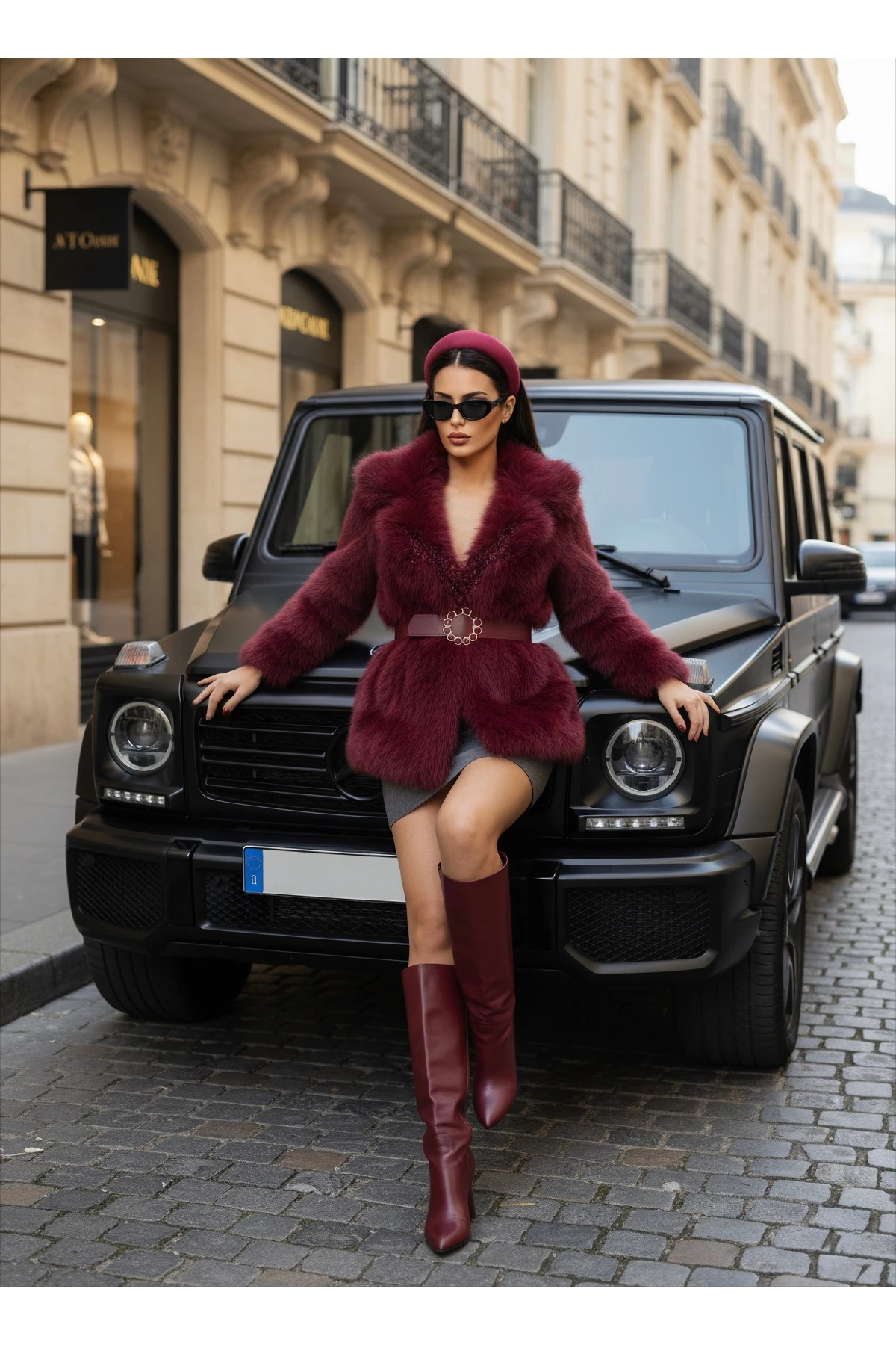 İthal Kürkten Taş İşlemeli Kemerli Astarlı Özel Tasarım Mont - Bordo