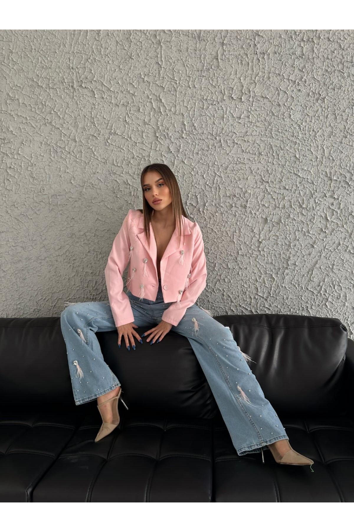 Kadın Mom Jeans Dokuma Ceket Astarlı Taş Ve Püskül Kombin Tasarım Alt-Üst Takım - Pembe