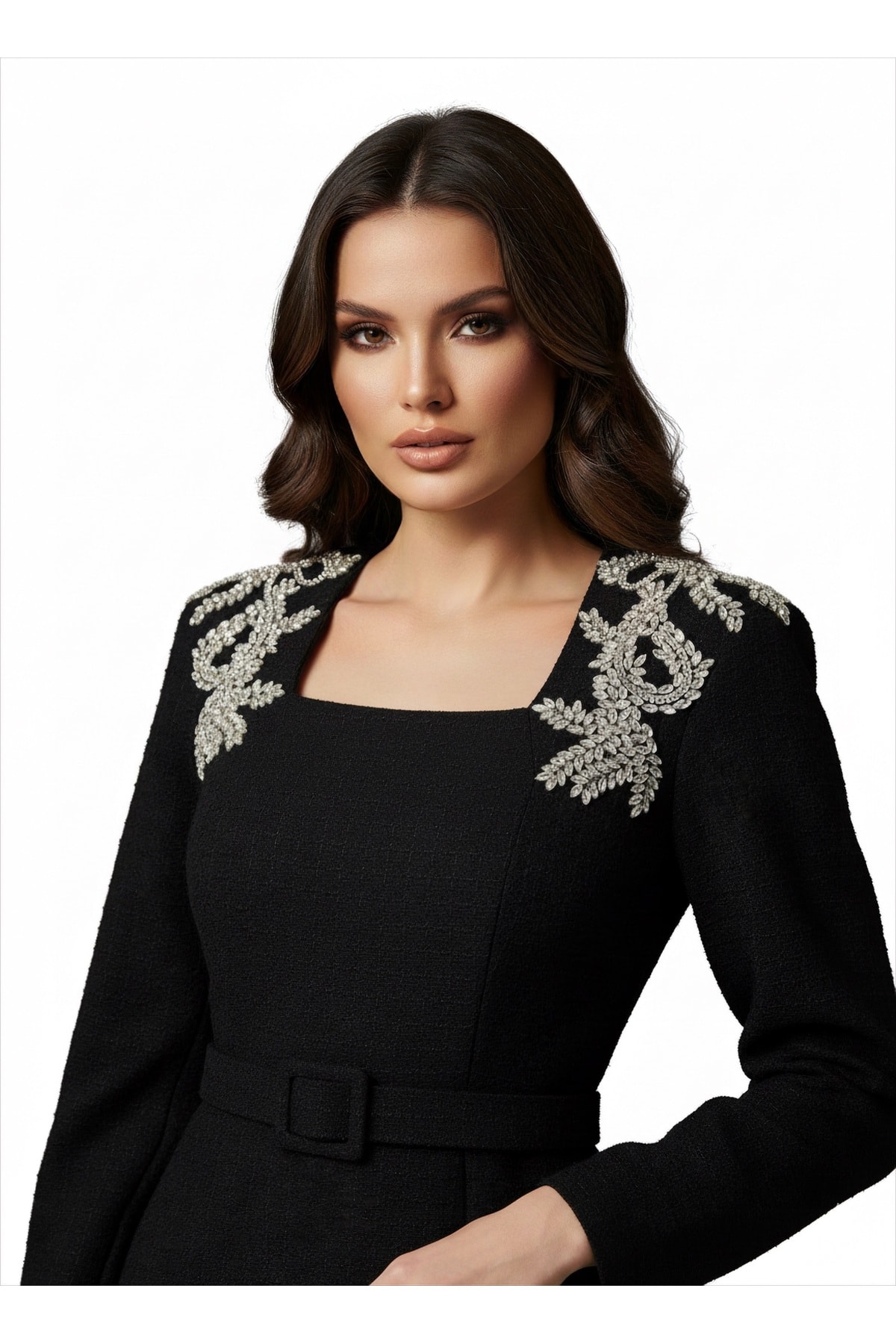 Kadın İthal Tüvit Kumaş Taş İşlemeli Astarlı Özel Tasarım Midi Elbise - Siyah