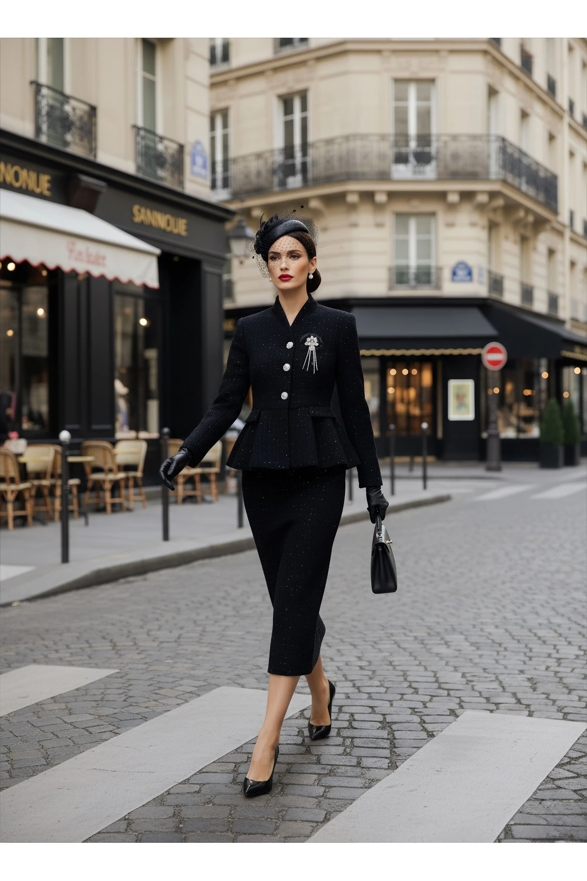 İthal Tüvit Kumaş Taş Ve Zincirli Broş Dahil Astarlı Düğme Detaylı Astarlı Özel Tasarım Takım - Siyah