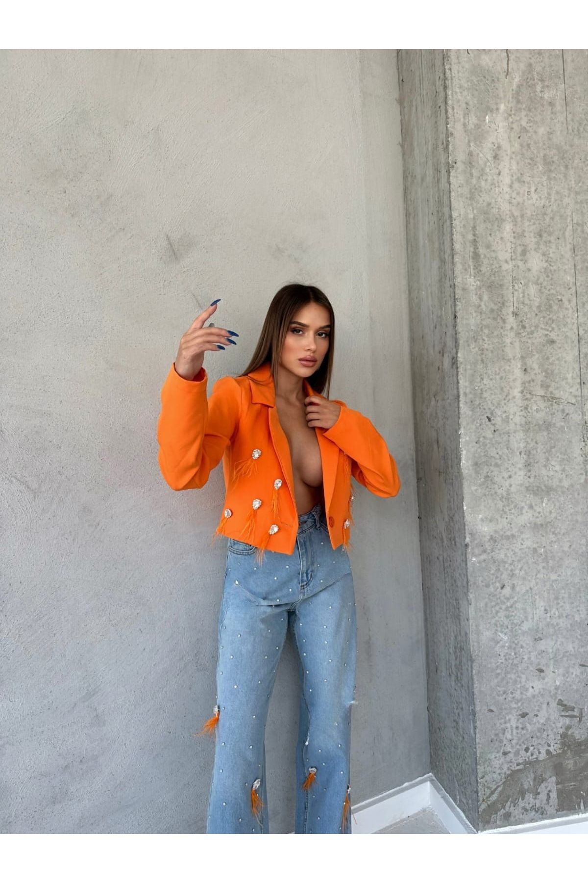 Kadın Mom Jeans Dokuma Ceket Astarlı Taş Ve Püskül Kombin Tasarım Alt-Üst Takım