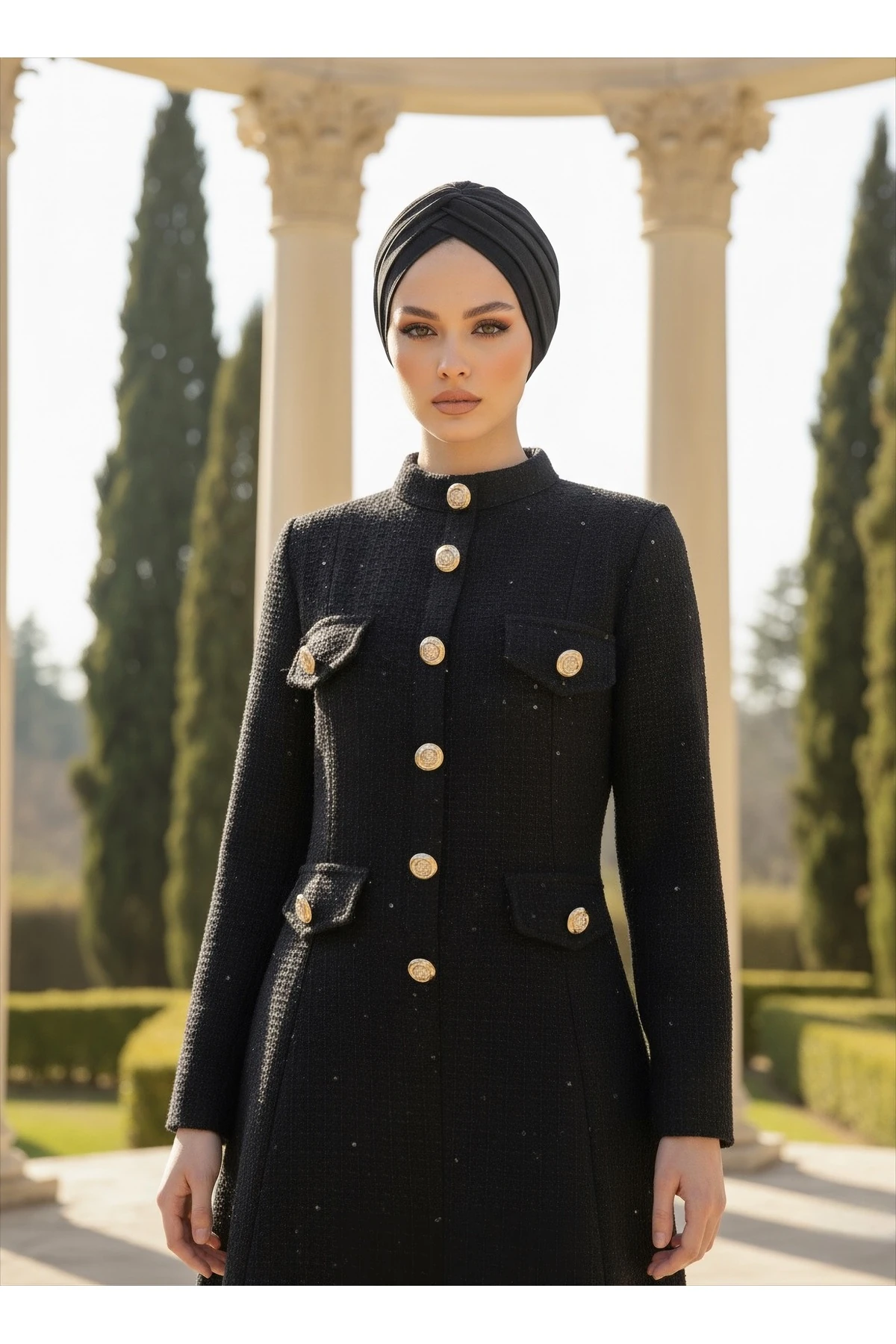 İthal Tüvit Kumaş Düğme Detaylı Astarlı Özel Tasarım Uzun Elbise - Siyah