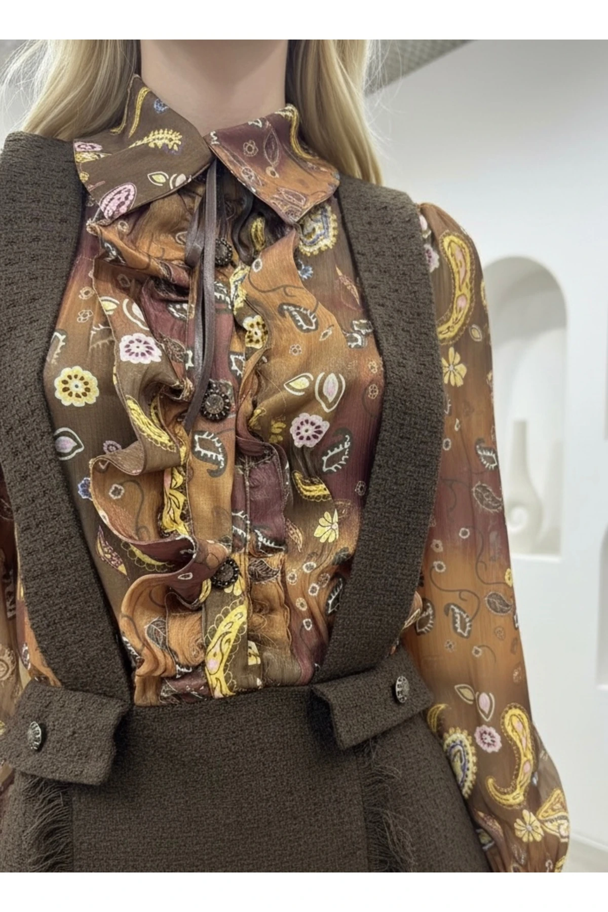 İthal Tüvit & Yoryo Şifon Kumaş Astarlı Özel Tasarım Desenli Astarlı Elbise - Kahverengi