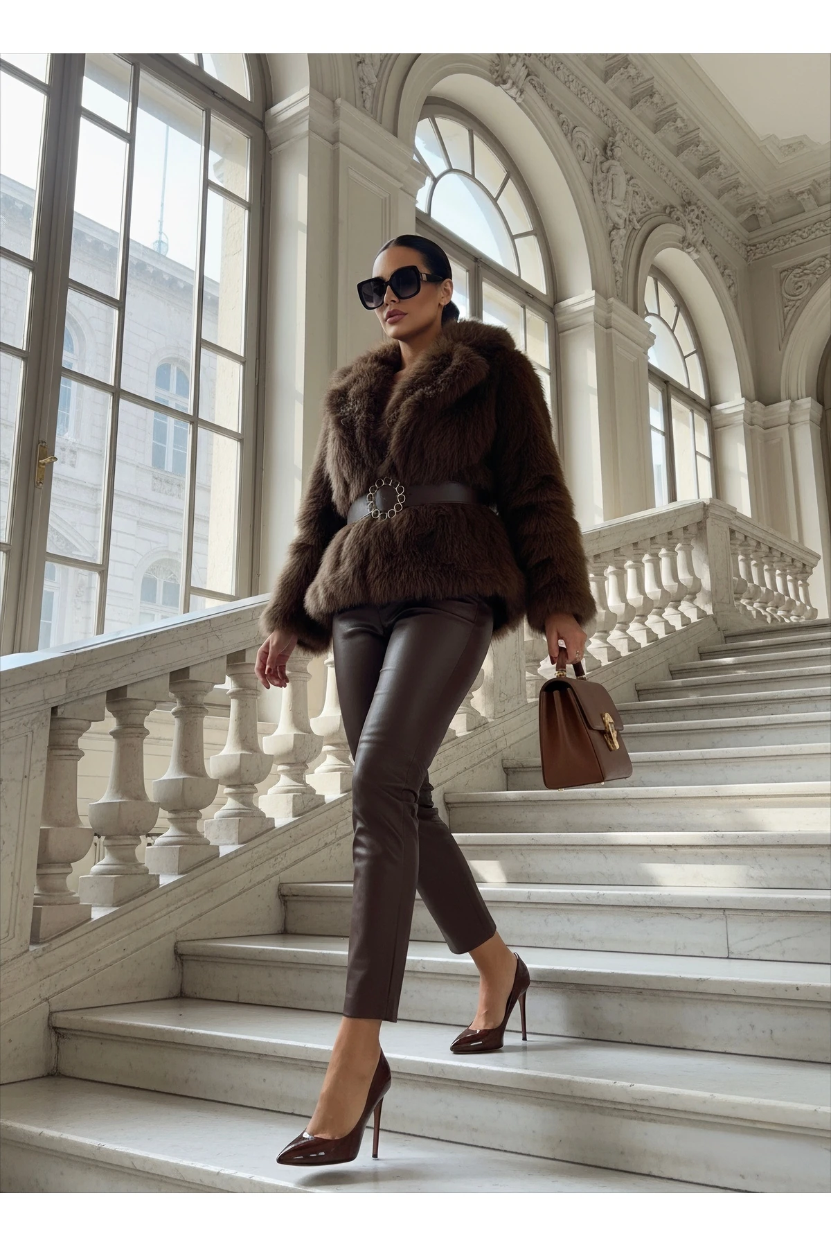 İthal Kürkten Taş İşlemeli Kemerli Astarlı Özel Tasarım Mont - Kahverengi