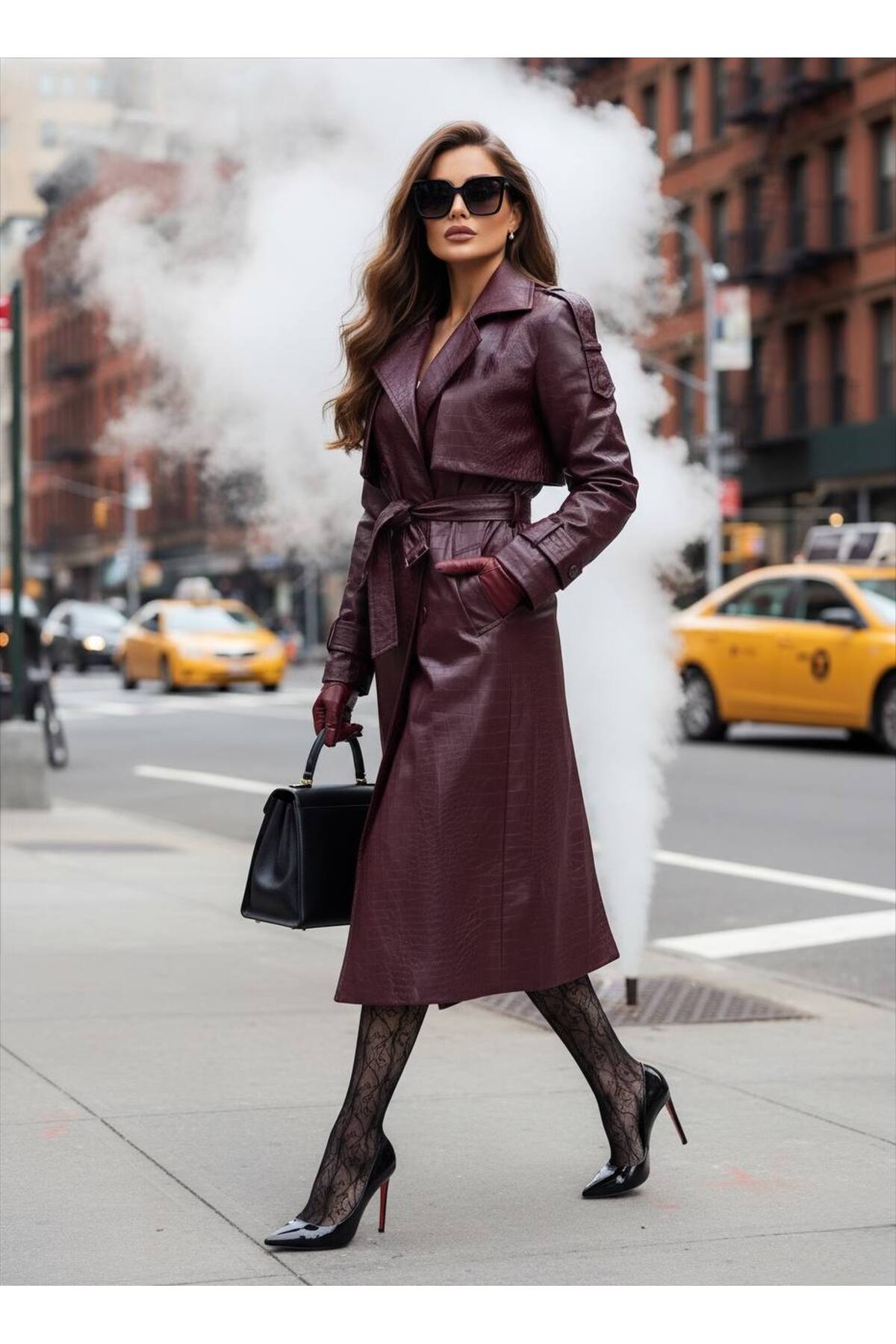 İthal Deriden Kuşak Dahil Broş Detaylı Astarlı Özel Tasarım Kaban - Bordo