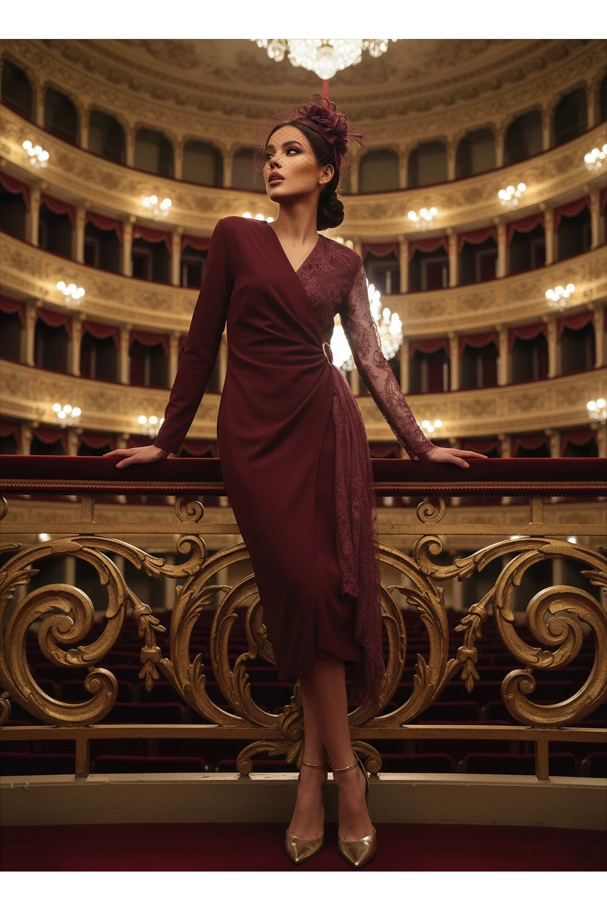 İthal Krep & Dantel Kumaş Toka Detaylı Astarlı Özel Tasarım Maxi Elbise - Bordo