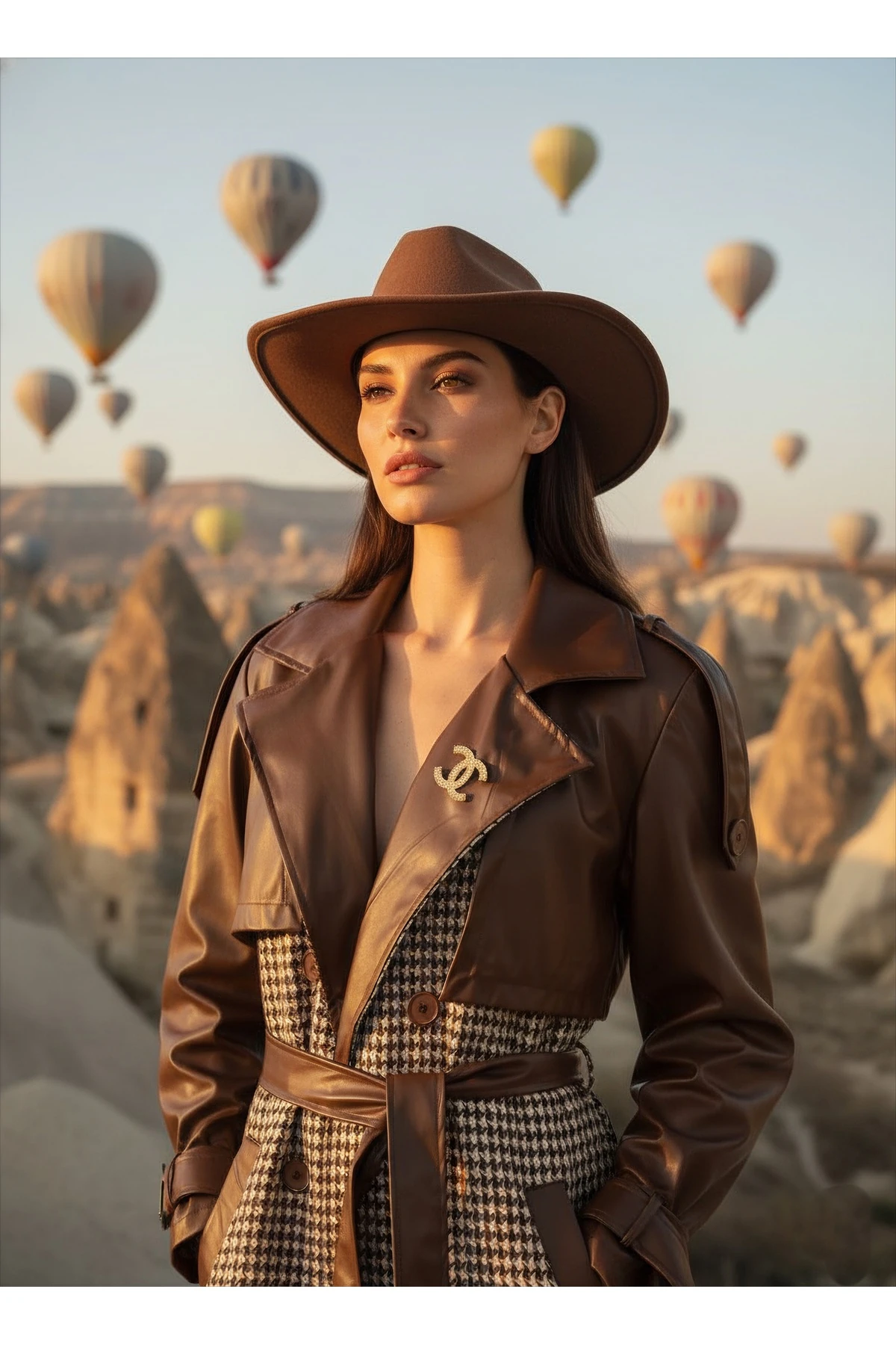 İthal Kumaştan Deri Detaylı Kuşaklı Düğmeli Astarlı Özel Tasarım Kareli Maxi Kaban - Kahverengi