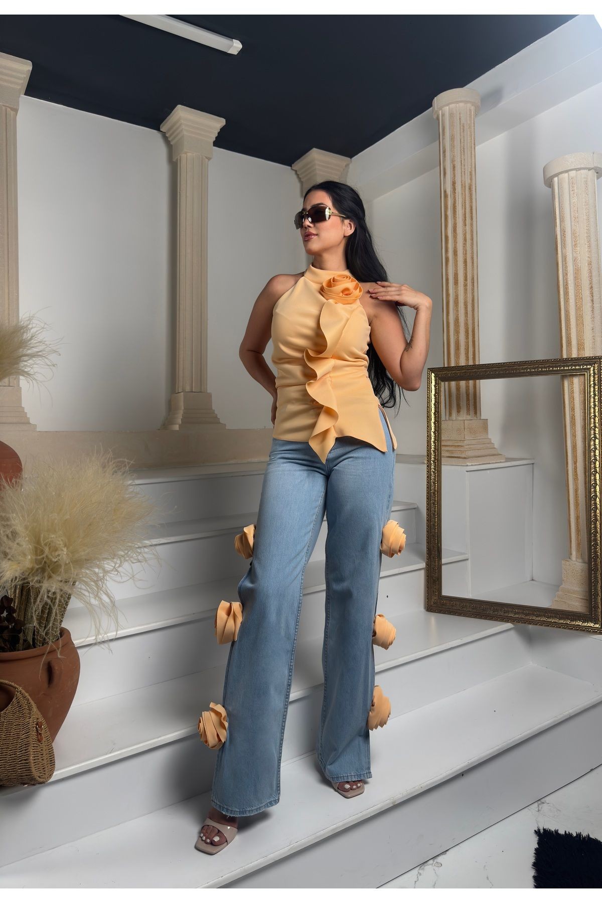 Üst İthal Astarlı Scuba Kumaş Gül Ve Şal Detay Bluz Alt İthal Denim Yan Gül Detay Özel Tasarım Takım - turuncu