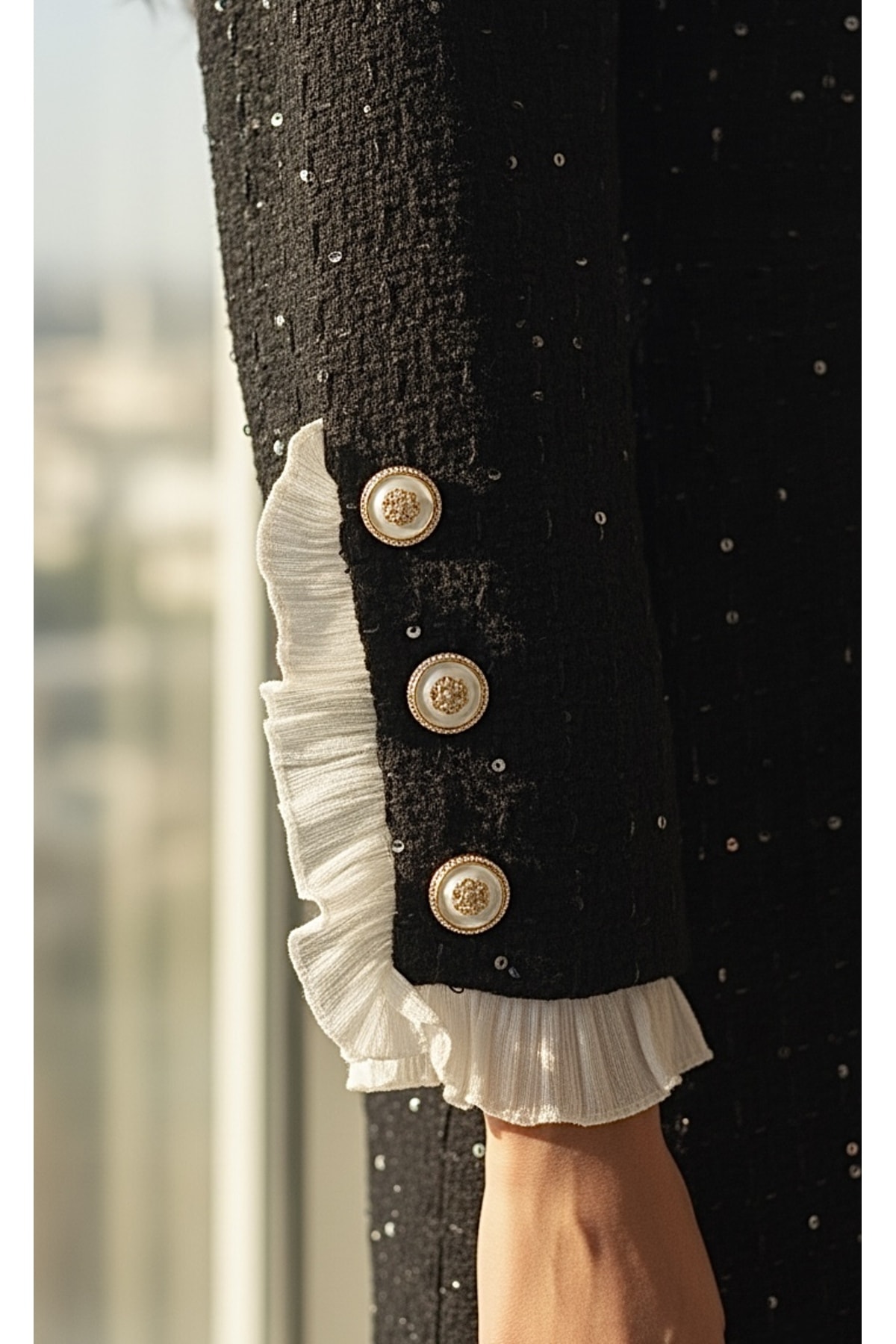 İthal Tüvit Kumaş Düğme Detaylı Astarlı Yırtmaçlı Özel Tasarım Midi Elbise - Siyah