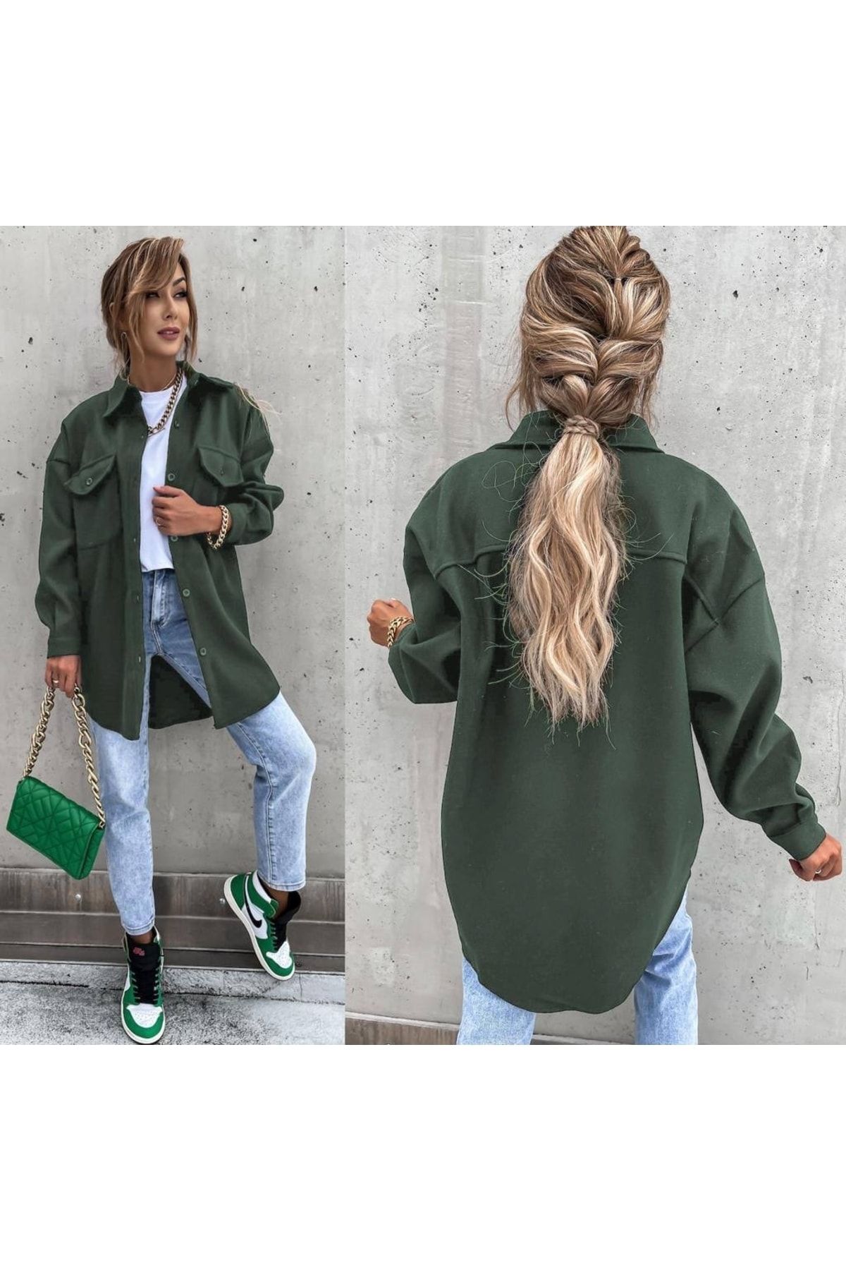 Kadın Haki Cepli Oversiz Kalıp Kaşe Gömlek