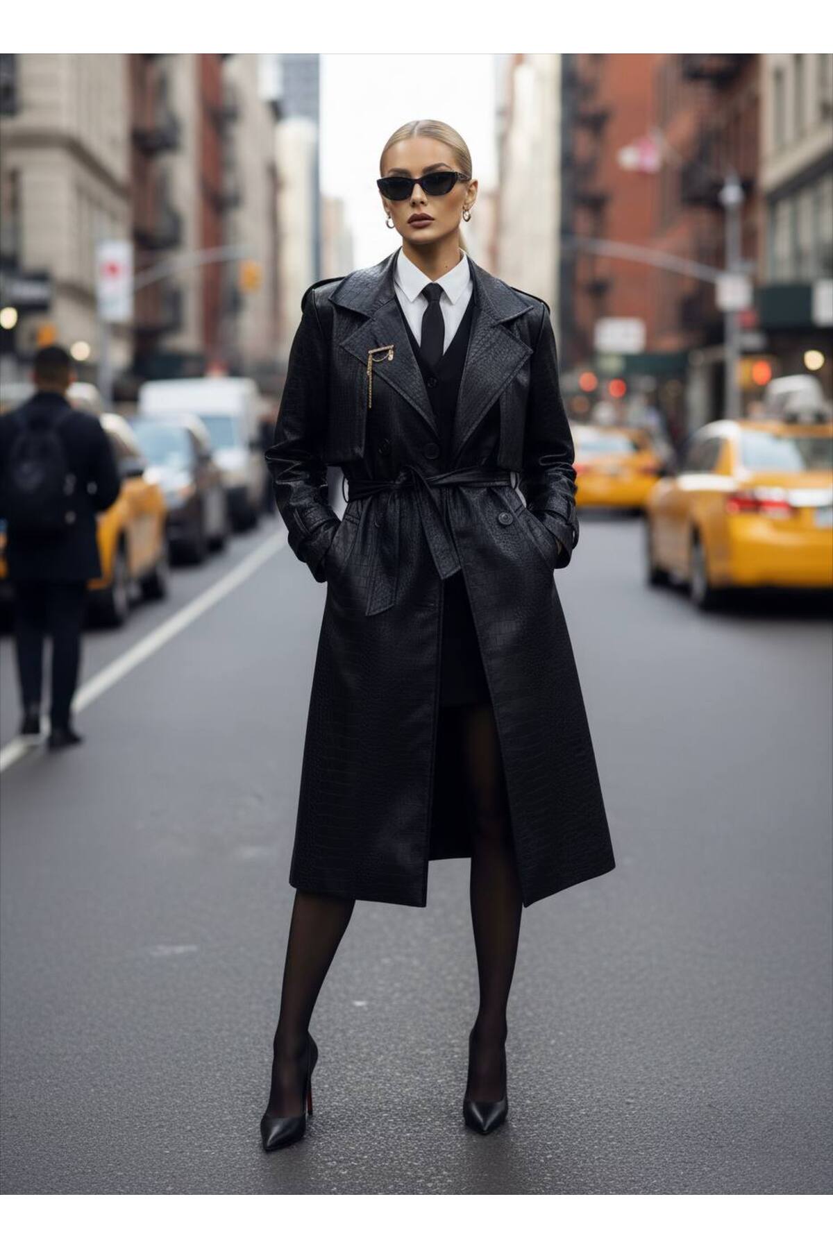 İthal Deriden Kuşak Dahil Broş Detaylı Astarlı Özel Tasarım Kaban - Siyah