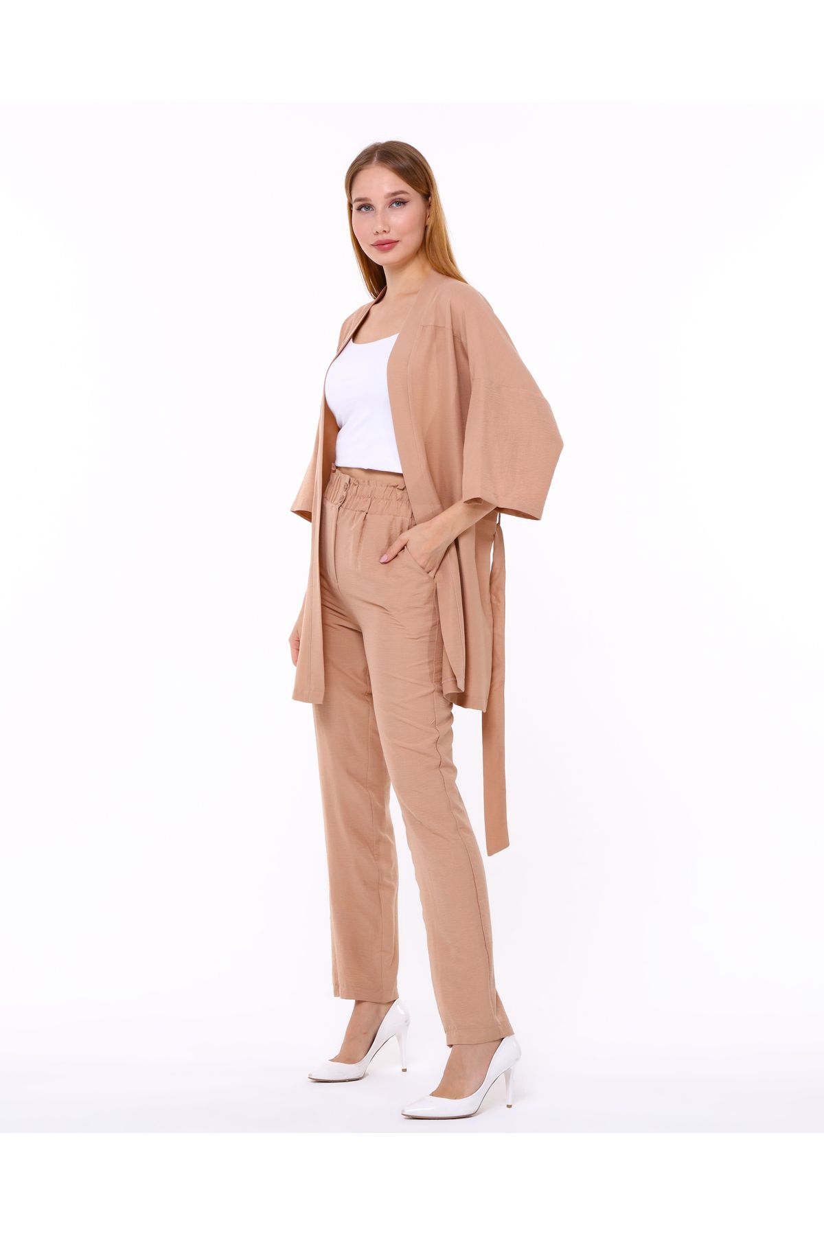 Kadın Aerobin Kumaş Üst Kuşaklı Hırka Alt Lastikli Cepli Düğmeli Pantolon Alt Üst Takım Kimono - camel