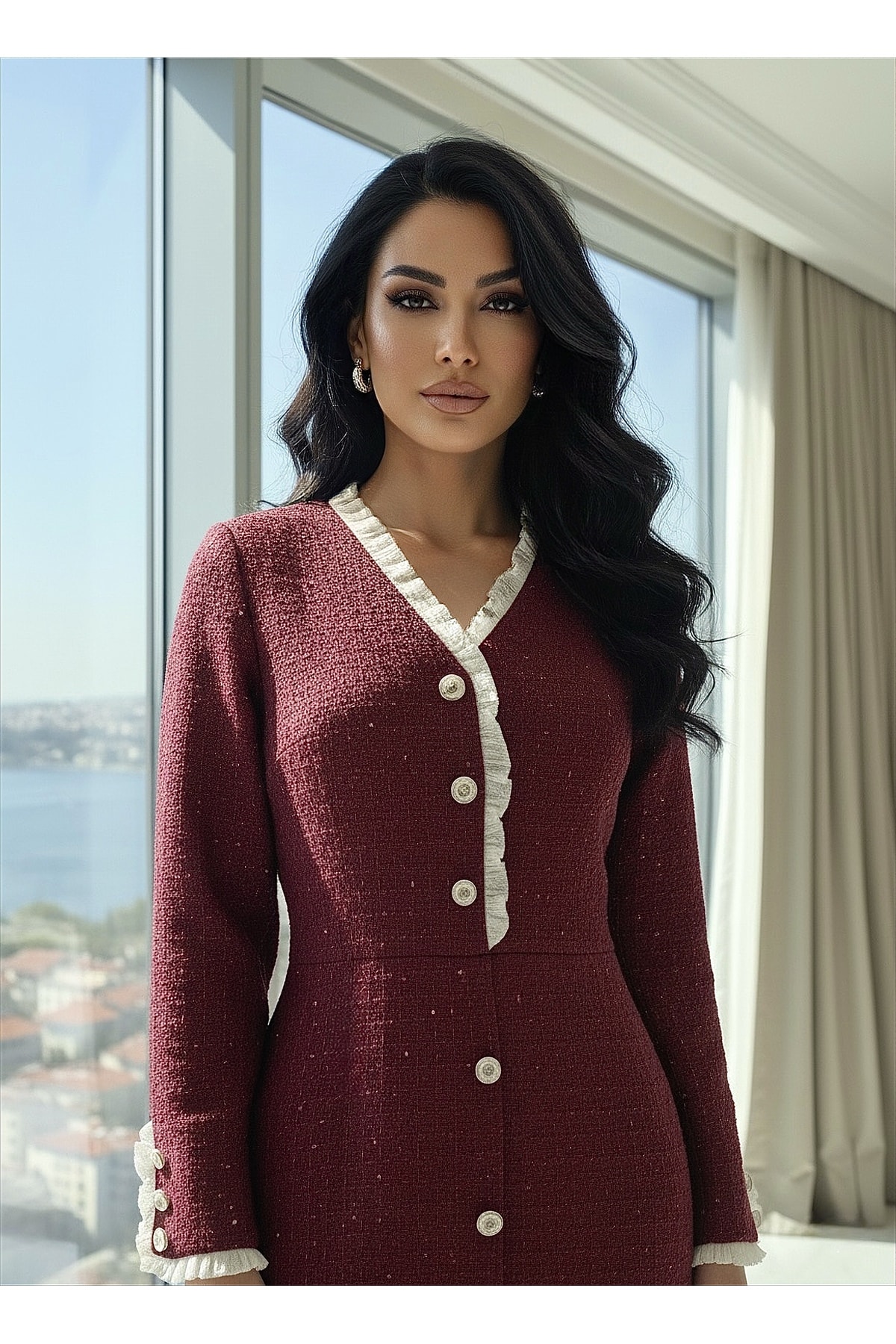 İthal Tüvit Kumaş Düğme Detaylı Astarlı Yırtmaçlı Özel Tasarım Midi Elbise