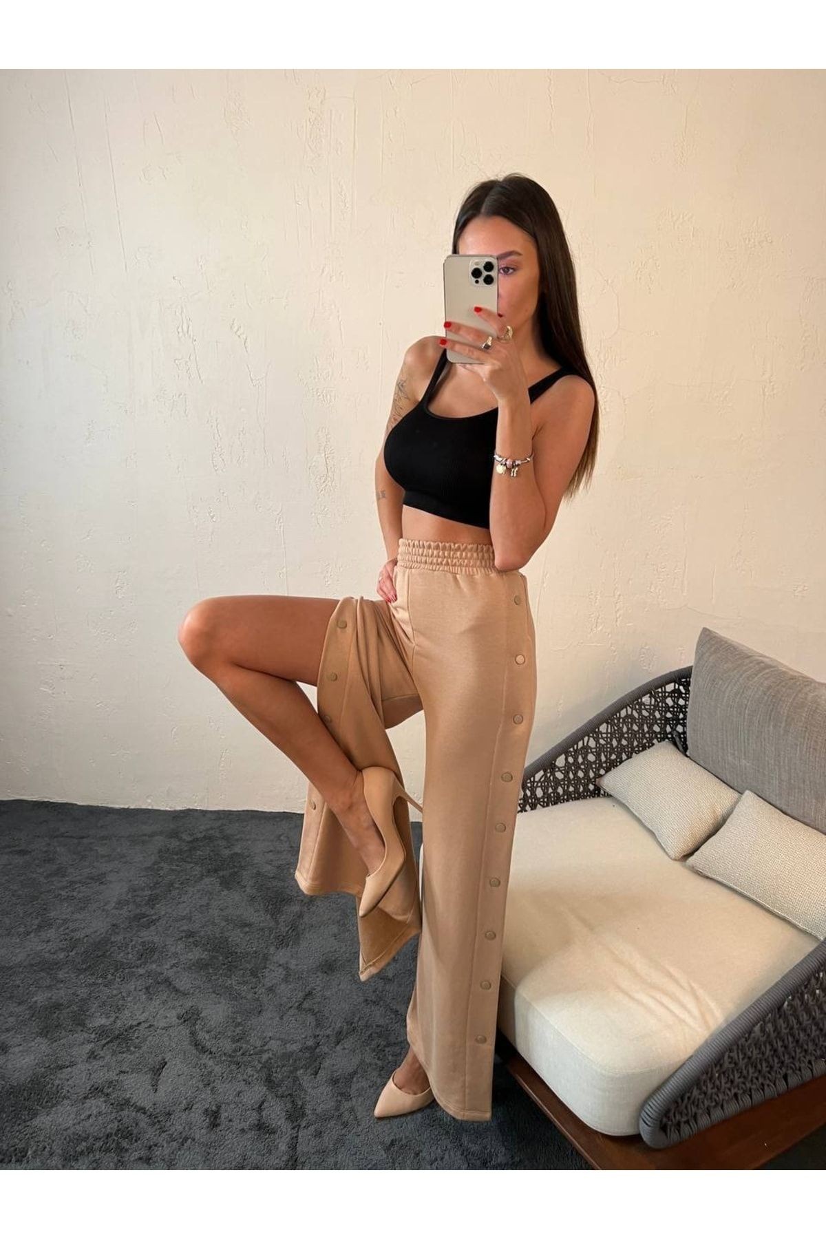 Kadın Füme Yüksek Bel Lastikli Yan Çıt Çıt Lı Geniş Paça Eşofman Alt