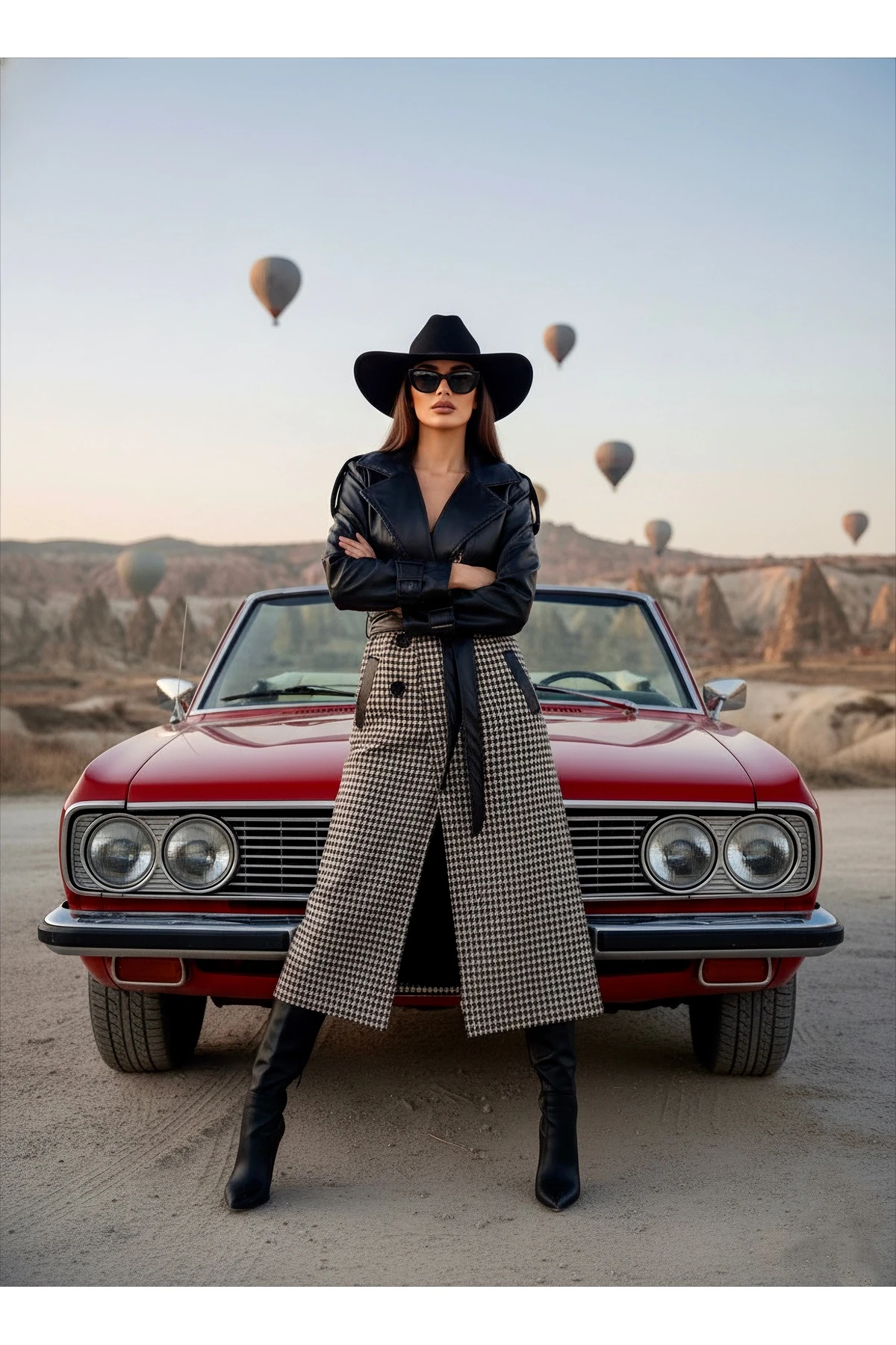 İthal Kumaştan Deri Detaylı Kuşaklı Düğmeli Astarlı Özel Tasarım Kareli Maxi Kaban - Siyah