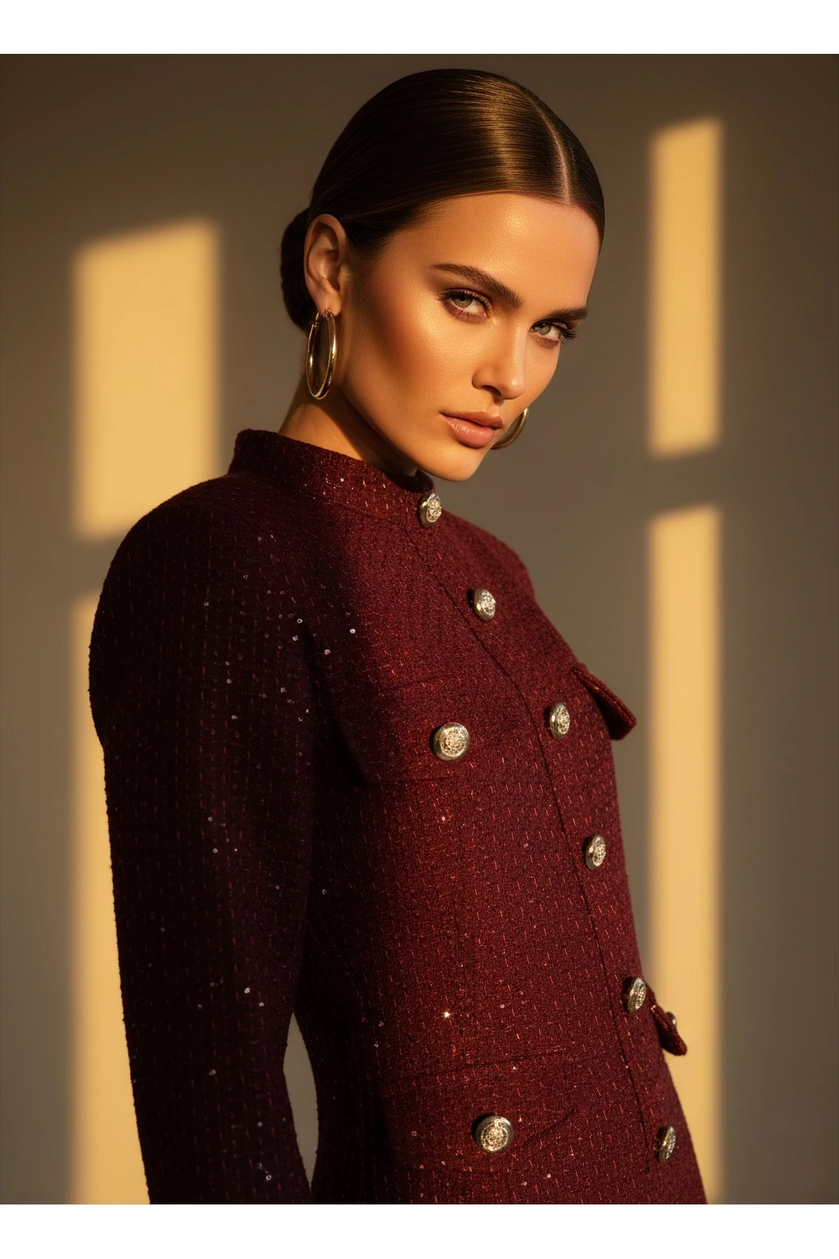 İthal Tüvit Kumaş Düğme Detaylı Astarlı Özel Tasarım Uzun Elbise - Bordo