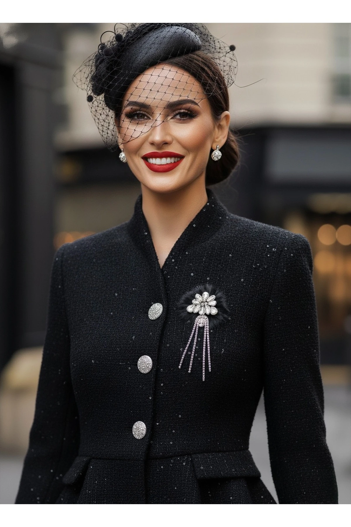 İthal Tüvit Kumaş Taş Ve Zincirli Broş Dahil Astarlı Düğme Detaylı Astarlı Özel Tasarım Takım - Siyah