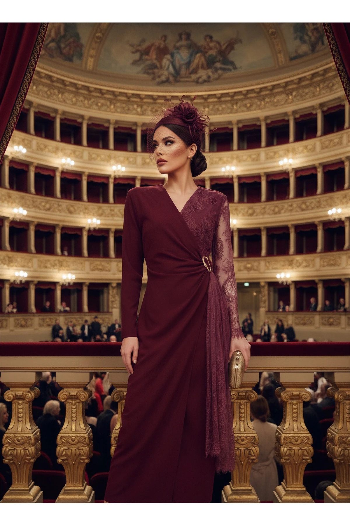 İthal Krep & Dantel Kumaş Toka Detaylı Astarlı Özel Tasarım Maxi Elbise - Bordo