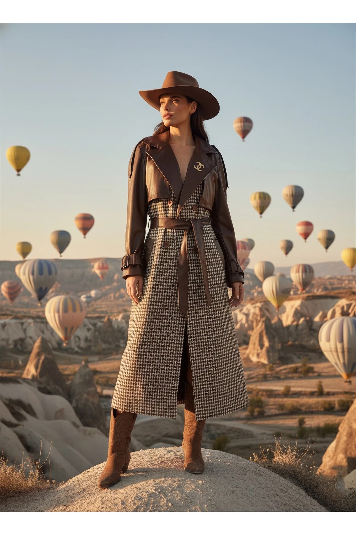 İthal Kumaştan Deri Detaylı Kuşaklı Düğmeli Astarlı Özel Tasarım Kareli Maxi Kaban - Kahverengi