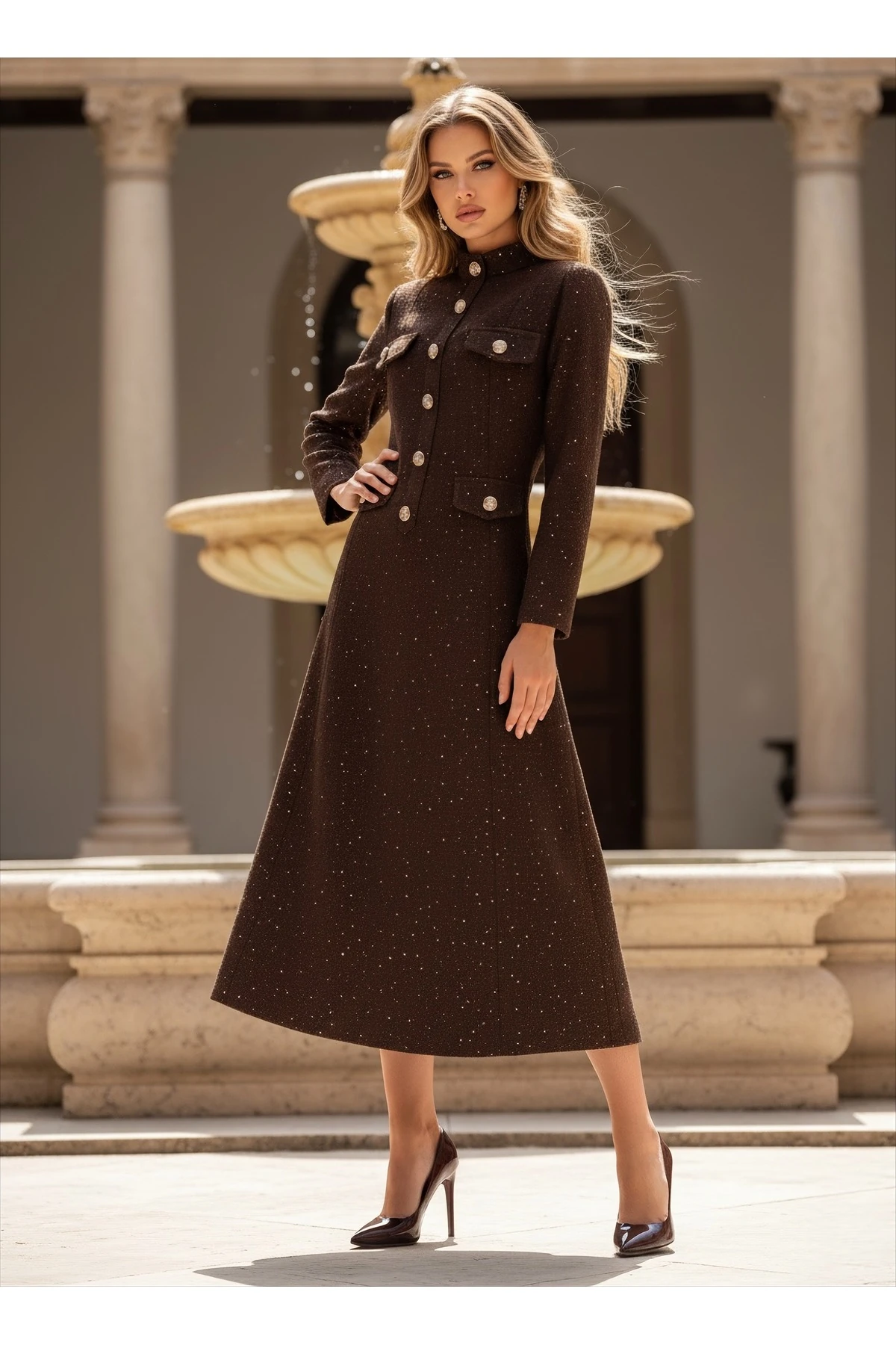 İthal Tüvit Kumaş Düğme Detaylı Astarlı Özel Tasarım Uzun Elbise - Kahverengi