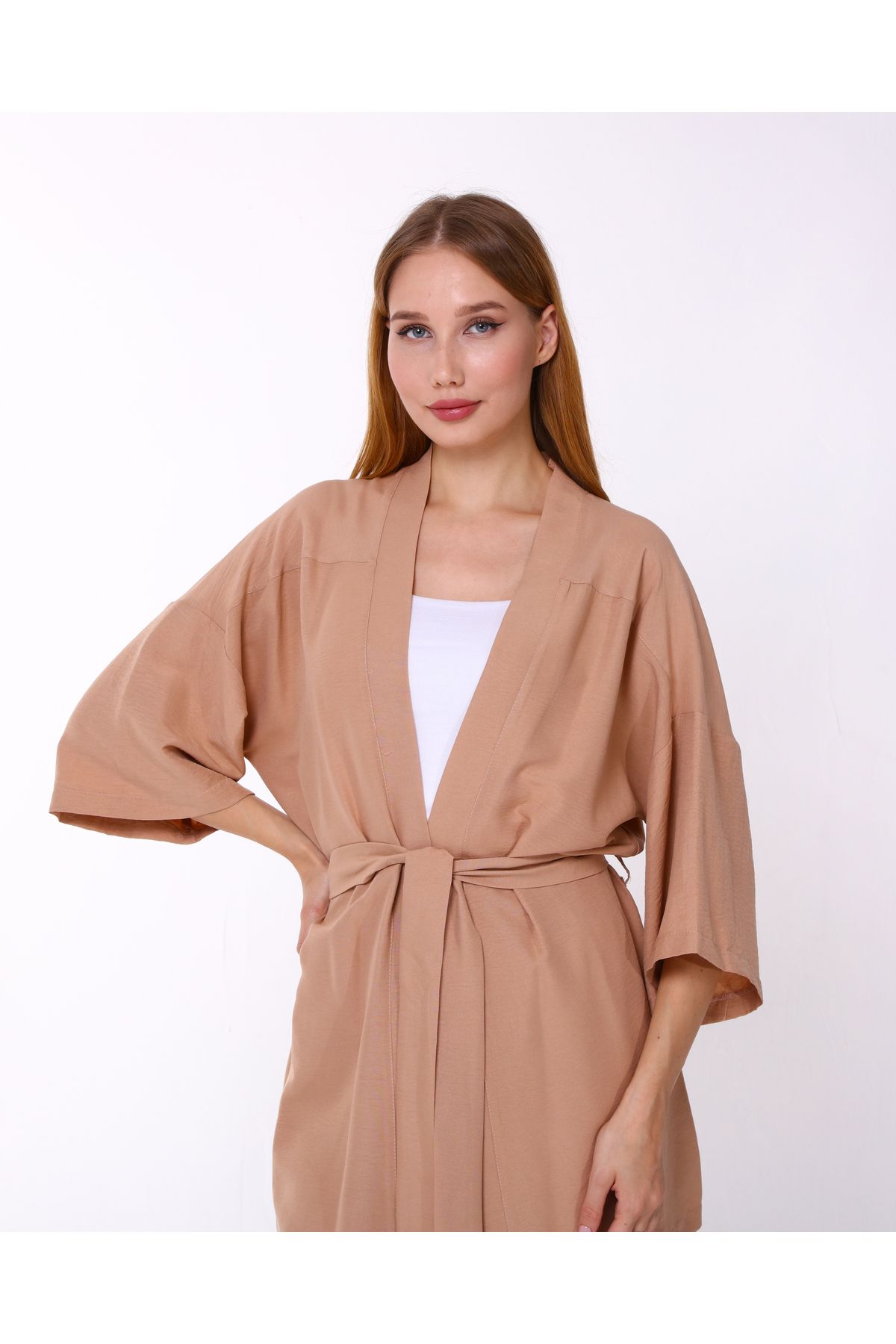 Kadın Aerobin Kumaş Üst Kuşaklı Hırka Alt Lastikli Cepli Düğmeli Pantolon Alt Üst Takım Kimono - camel