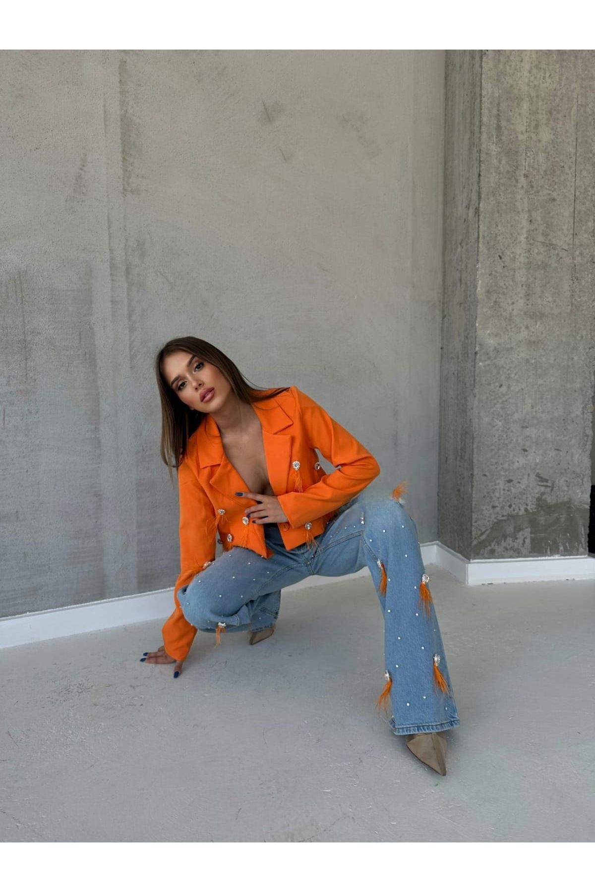 Kadın Mom Jeans Dokuma Ceket Astarlı Taş Ve Püskül Kombin Tasarım Alt-Üst Takım