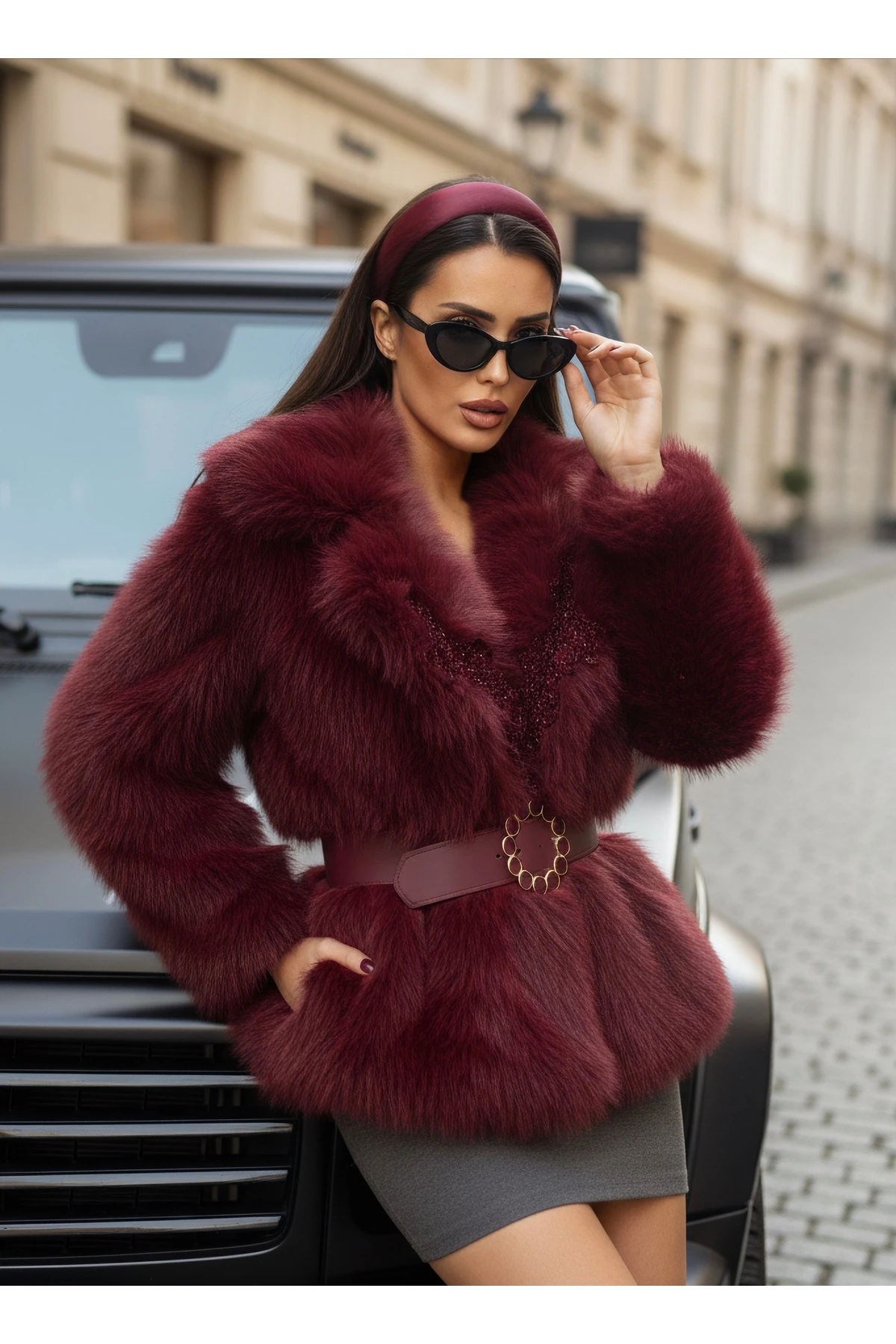 İthal Kürkten Taş İşlemeli Kemerli Astarlı Özel Tasarım Mont - Bordo
