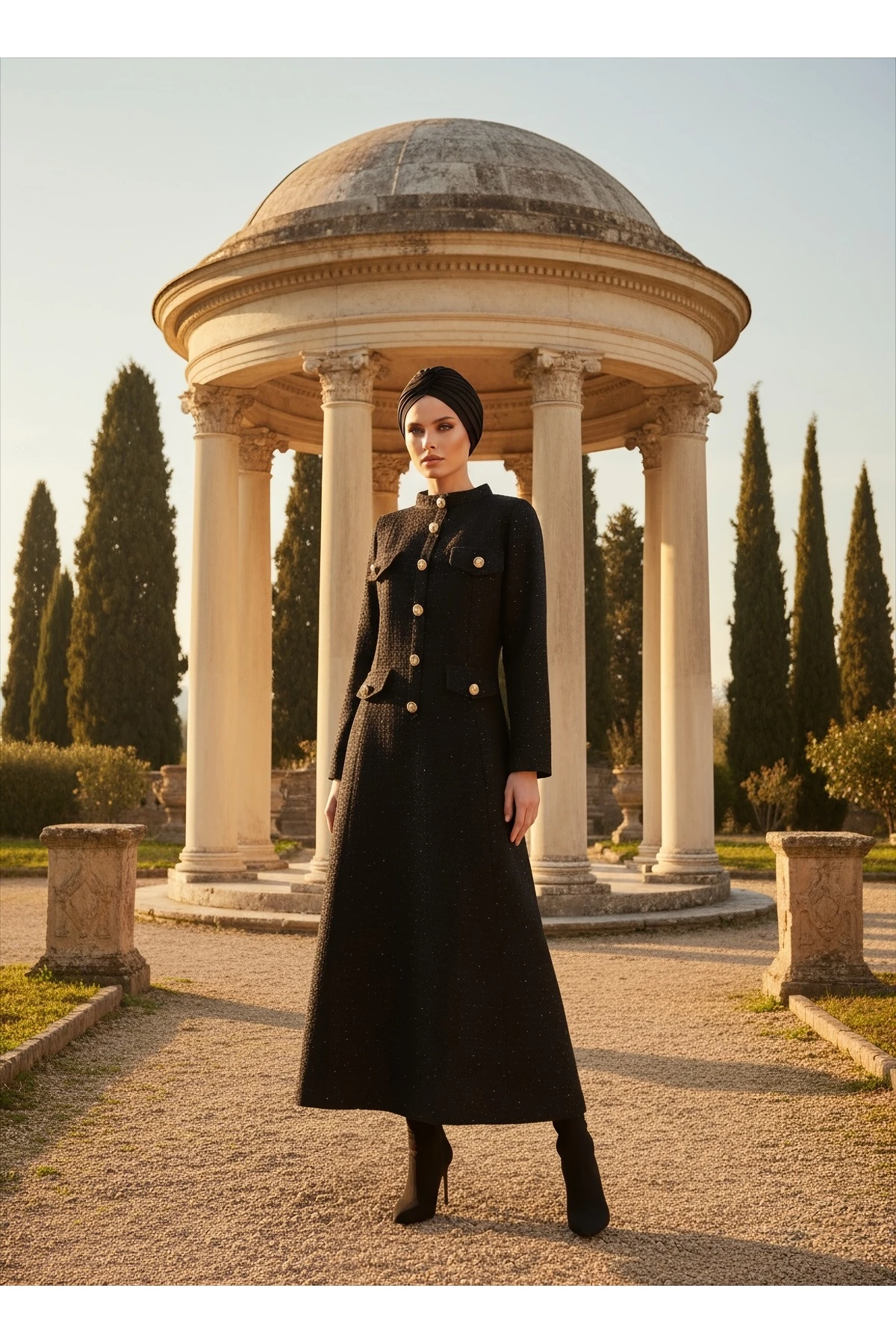 İthal Tüvit Kumaş Düğme Detaylı Astarlı Özel Tasarım Uzun Elbise - Siyah