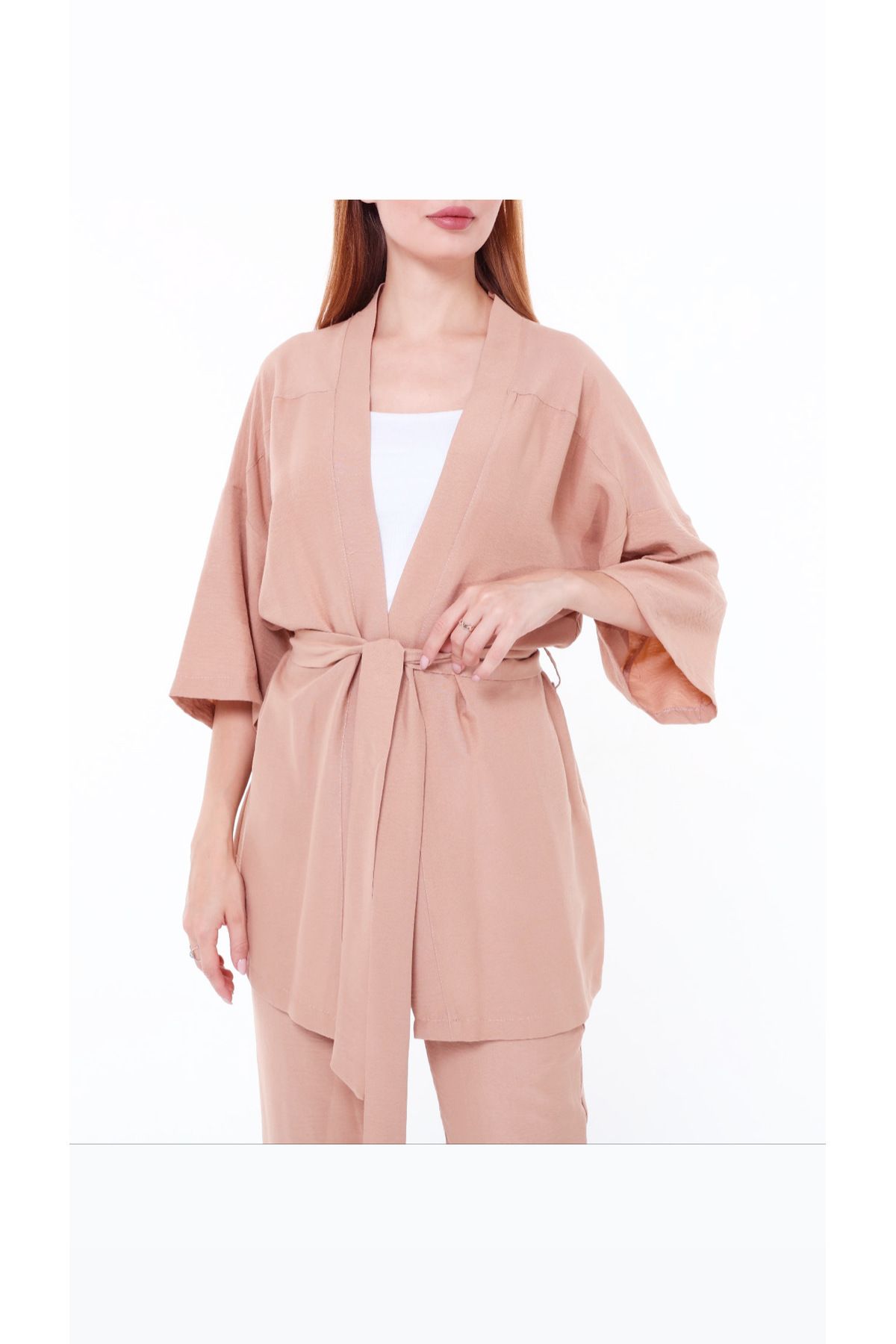 Kadın Aerobin Kumaş Üst Kuşaklı Hırka Alt Lastikli Cepli Düğmeli Pantolon Alt Üst Takım Kimono - vizon