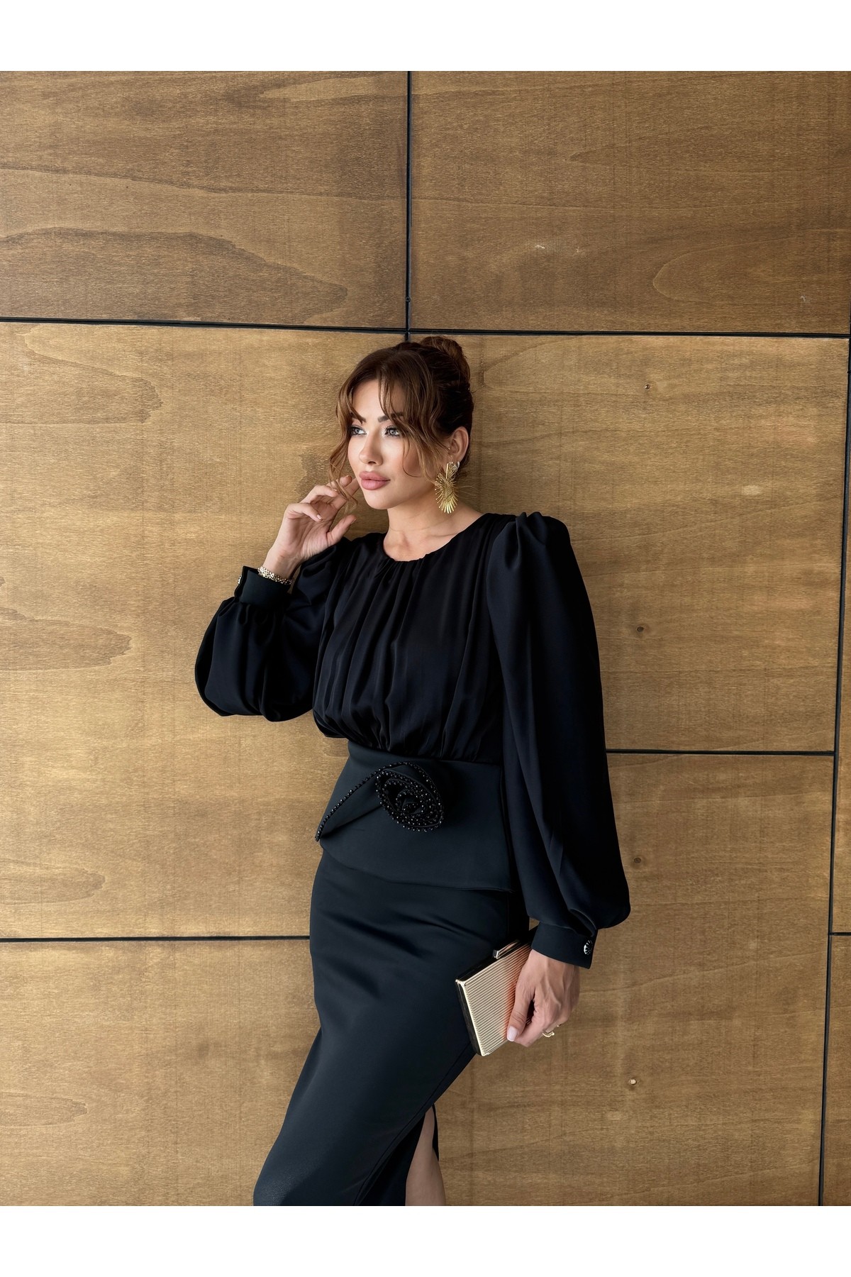 Kadın İthal Üst Jessica Alt Scuba Kumaş Taşlı Gül Detay Kol Düğmeli Astarlı Özel Tasarım Midi Elbise