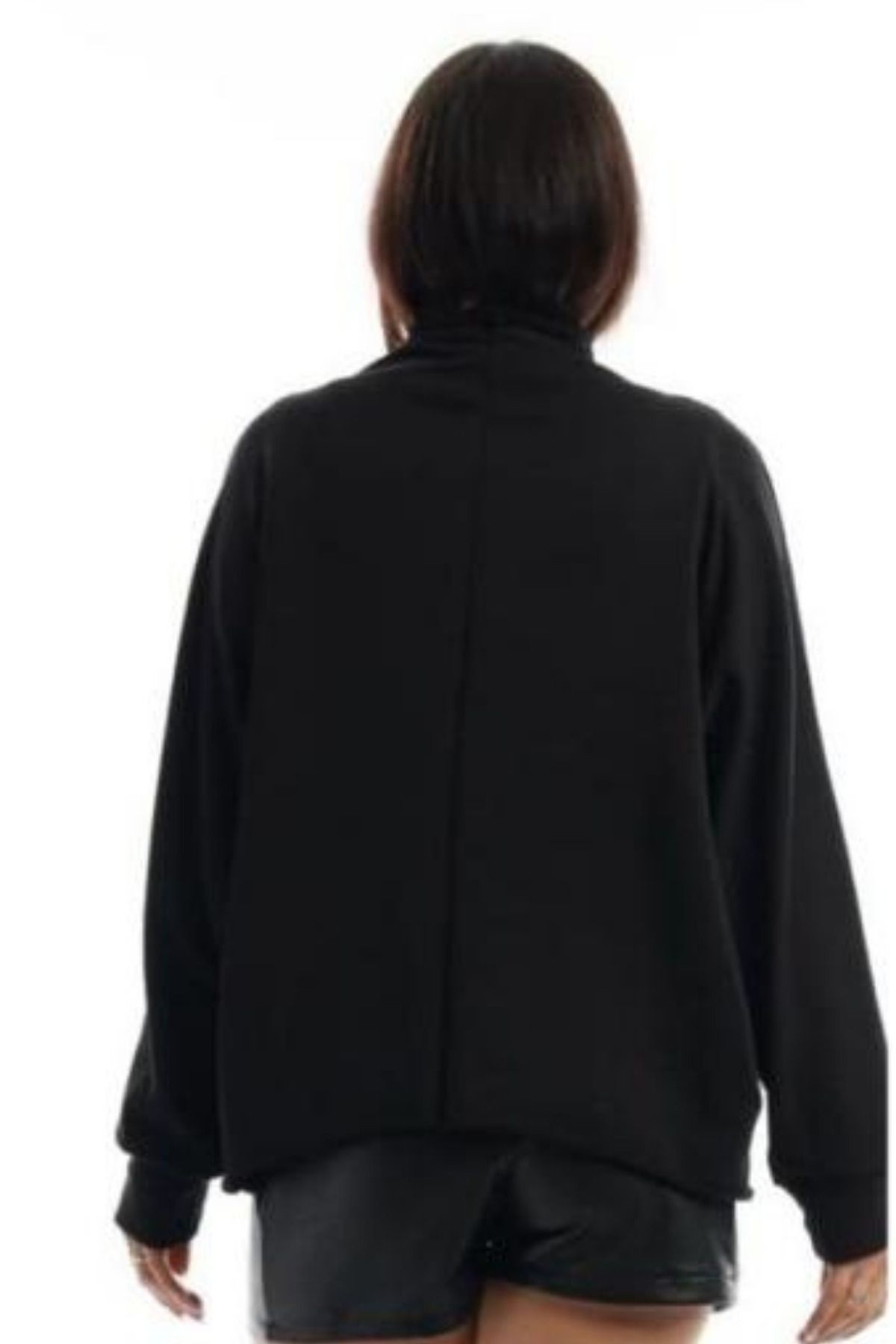 Kadın Siyah Dik Yaka Üç İplik Tasarım Fermuar Detaylı Sweatshirt