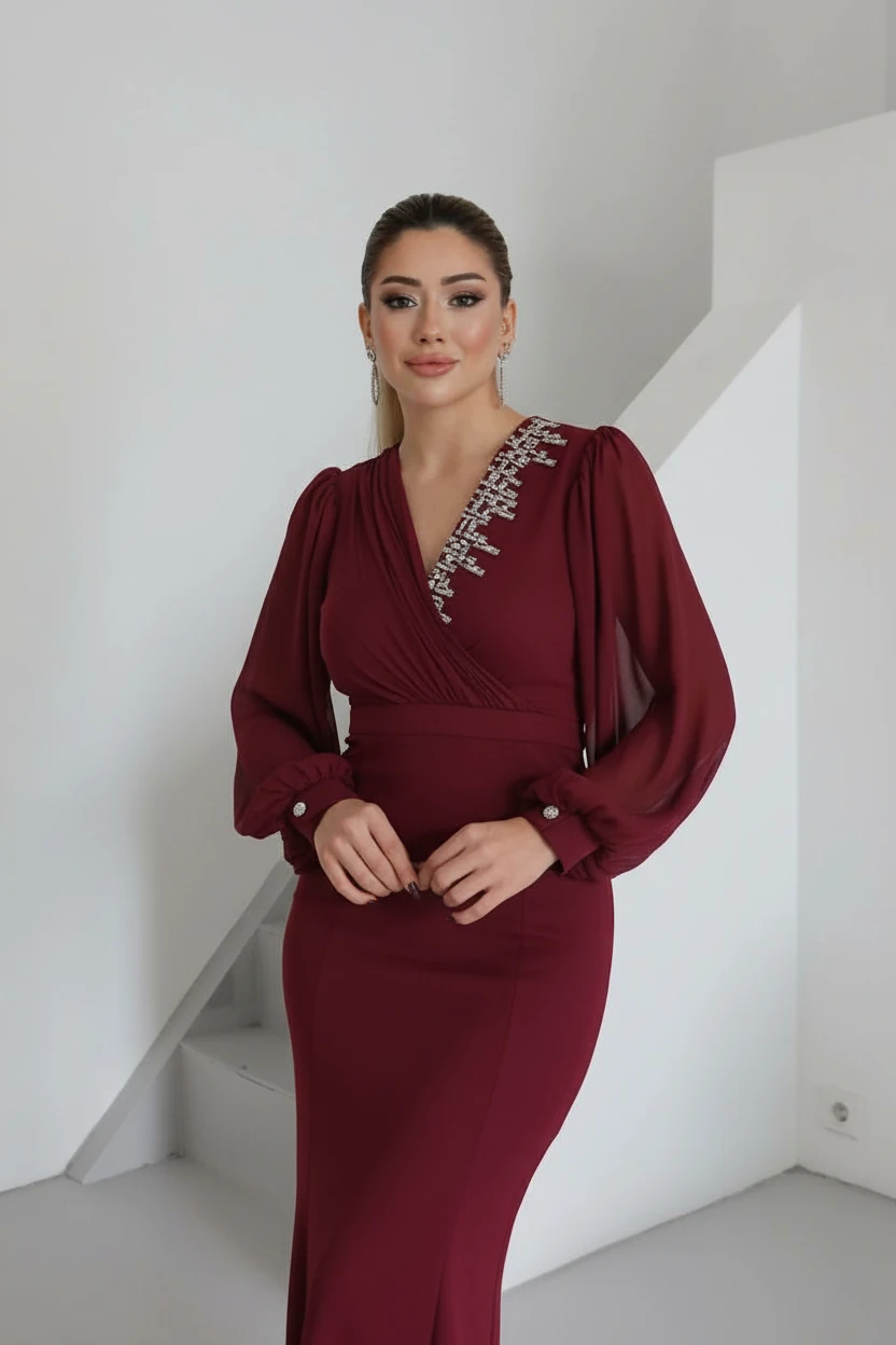 Kadın İthal Scuba Krep Kumaş Kollar Ve Göğüs Şifon Taş İşleme Astarlı Özel Tasarım Elbise - Bordo