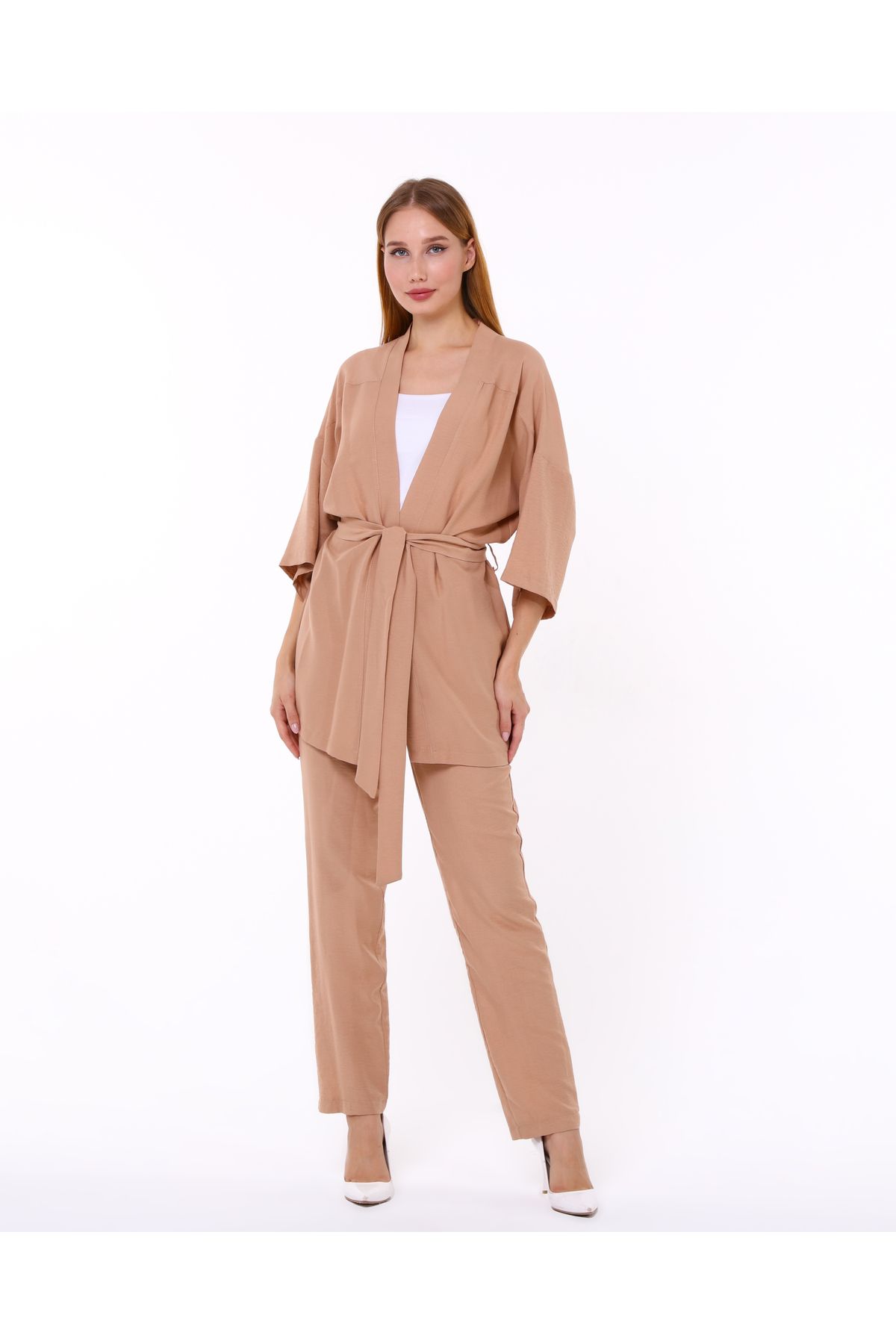 Kadın Aerobin Kumaş Üst Kuşaklı Hırka Alt Lastikli Cepli Düğmeli Pantolon Alt Üst Takım Kimono - camel