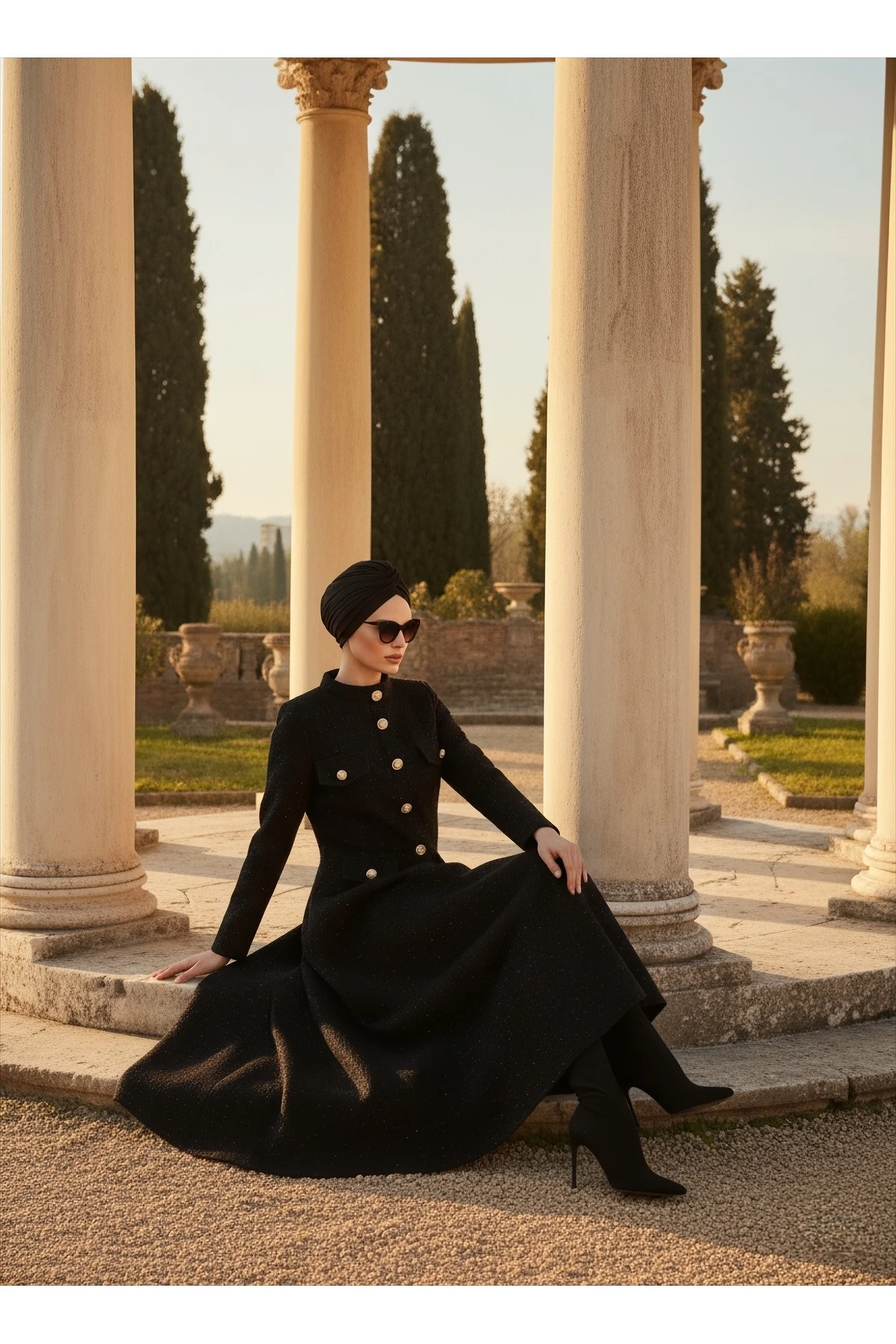 İthal Tüvit Kumaş Düğme Detaylı Astarlı Özel Tasarım Uzun Elbise - Siyah