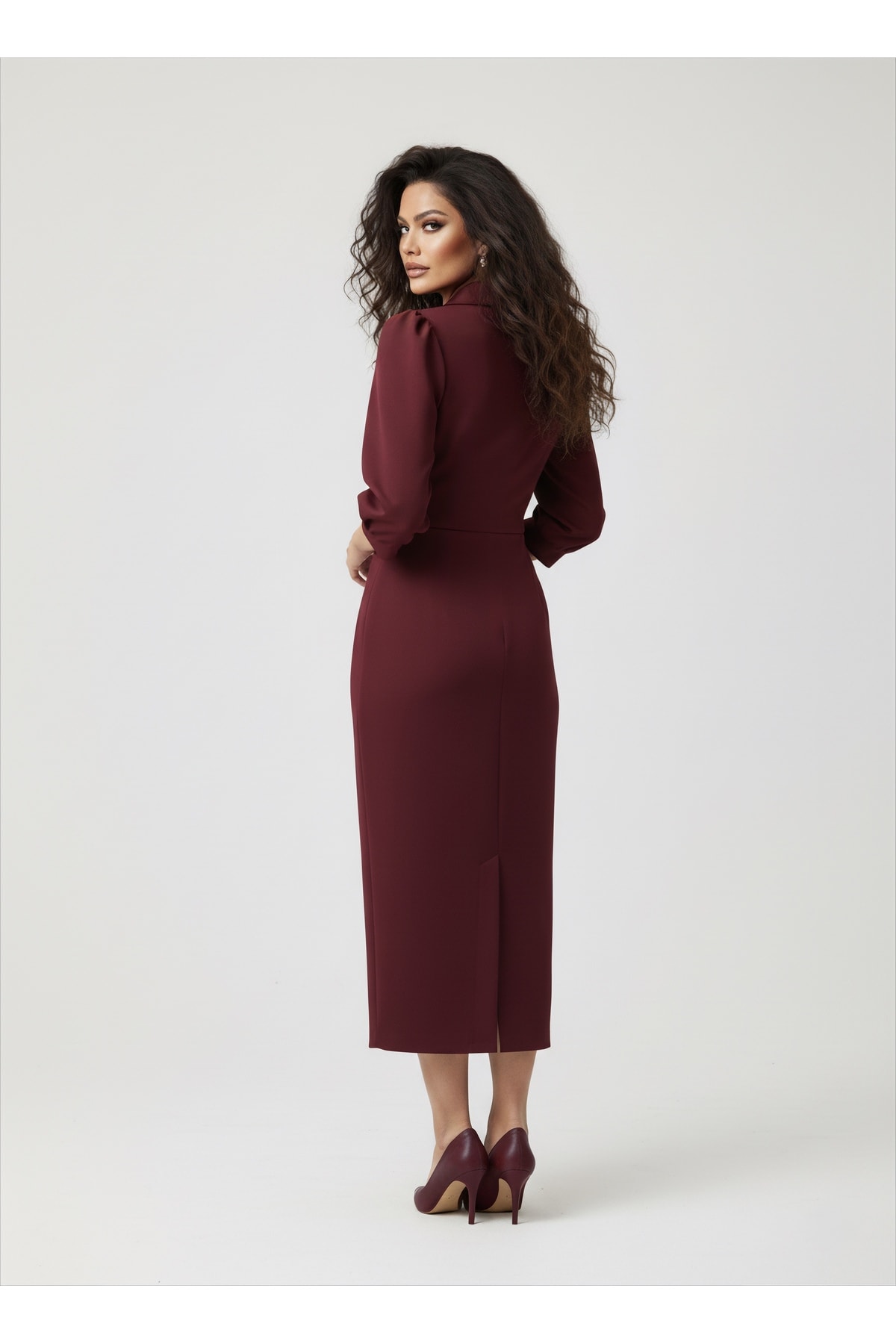 İthal Kumaştan Düğmeli Deri Detaylı Astarlı Özel Tasarım Maxi Elbise - Bordo