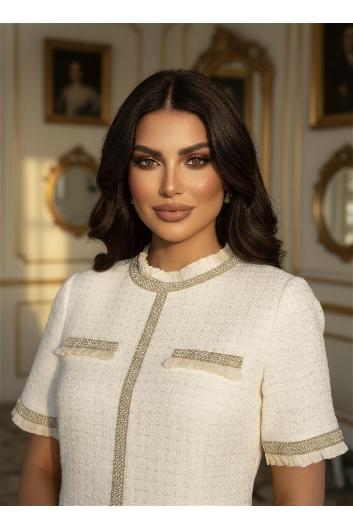 İthal Tüvit Kumaş Taş İnci İşleme Detaylı Astarlı Özel Tasarım Midi Elbise - Beyaz