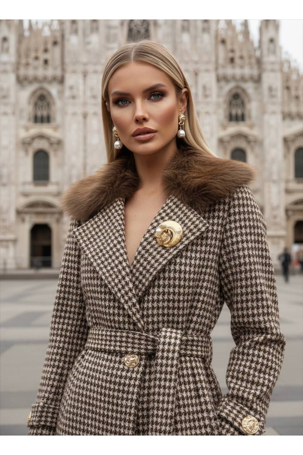 İtal Tüvit Kumaş Broş Detaylı Kürklü Kuşaklı Özel Tasarım Kuşaklı Astarlı Maxi Kaban - Kahverengi