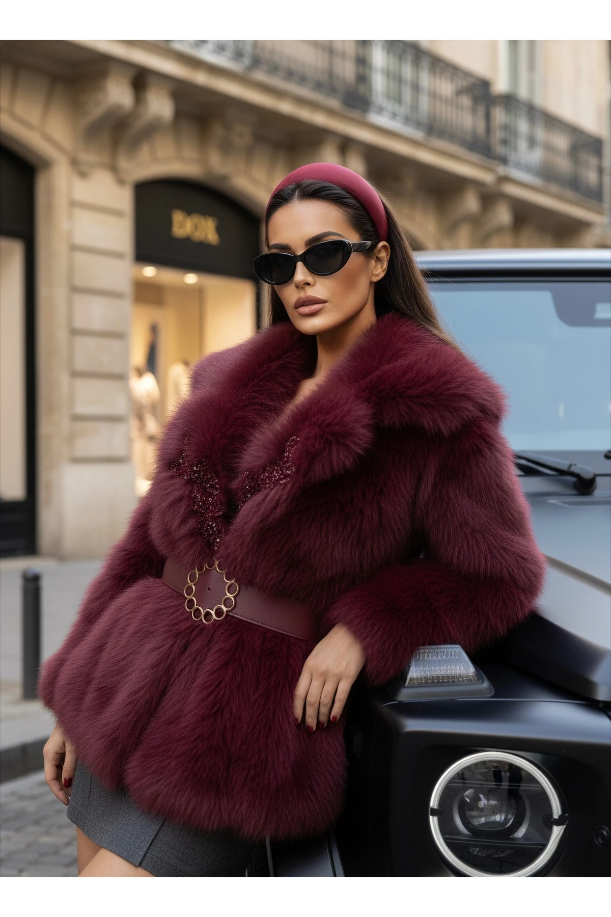 İthal Kürkten Taş İşlemeli Kemerli Astarlı Özel Tasarım Mont - Bordo