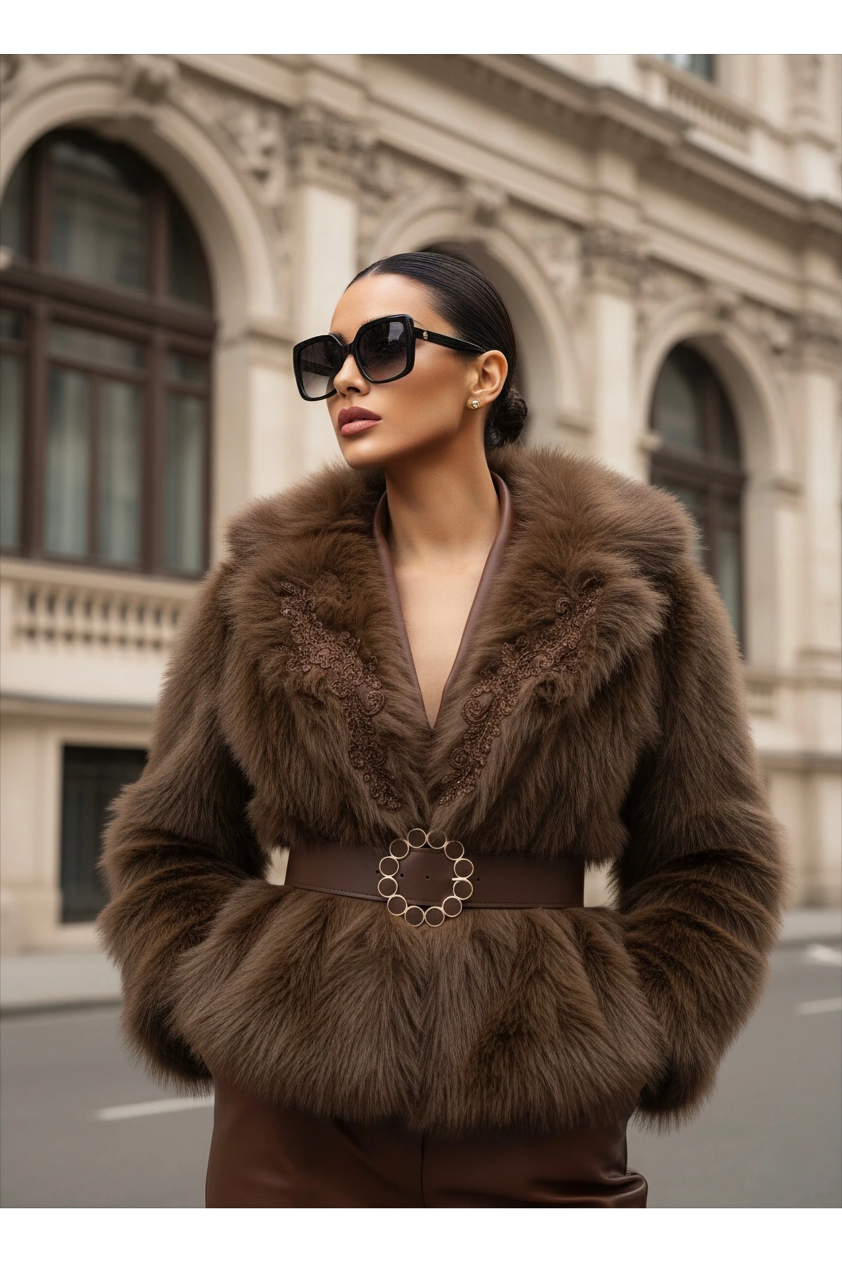 İthal Kürkten Taş İşlemeli Kemerli Astarlı Özel Tasarım Mont - Kahverengi