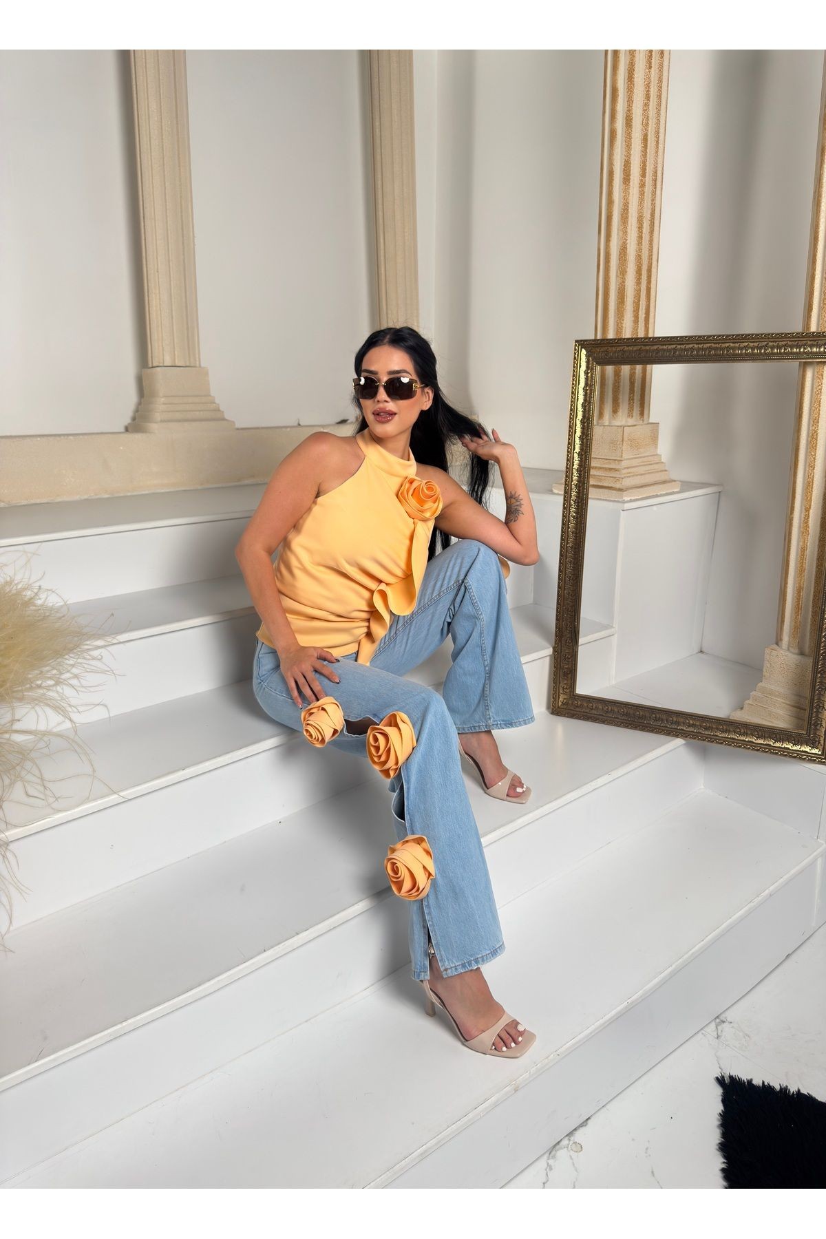 Üst İthal Astarlı Scuba Kumaş Gül Ve Şal Detay Bluz Alt İthal Denim Yan Gül Detay Özel Tasarım Takım - turuncu
