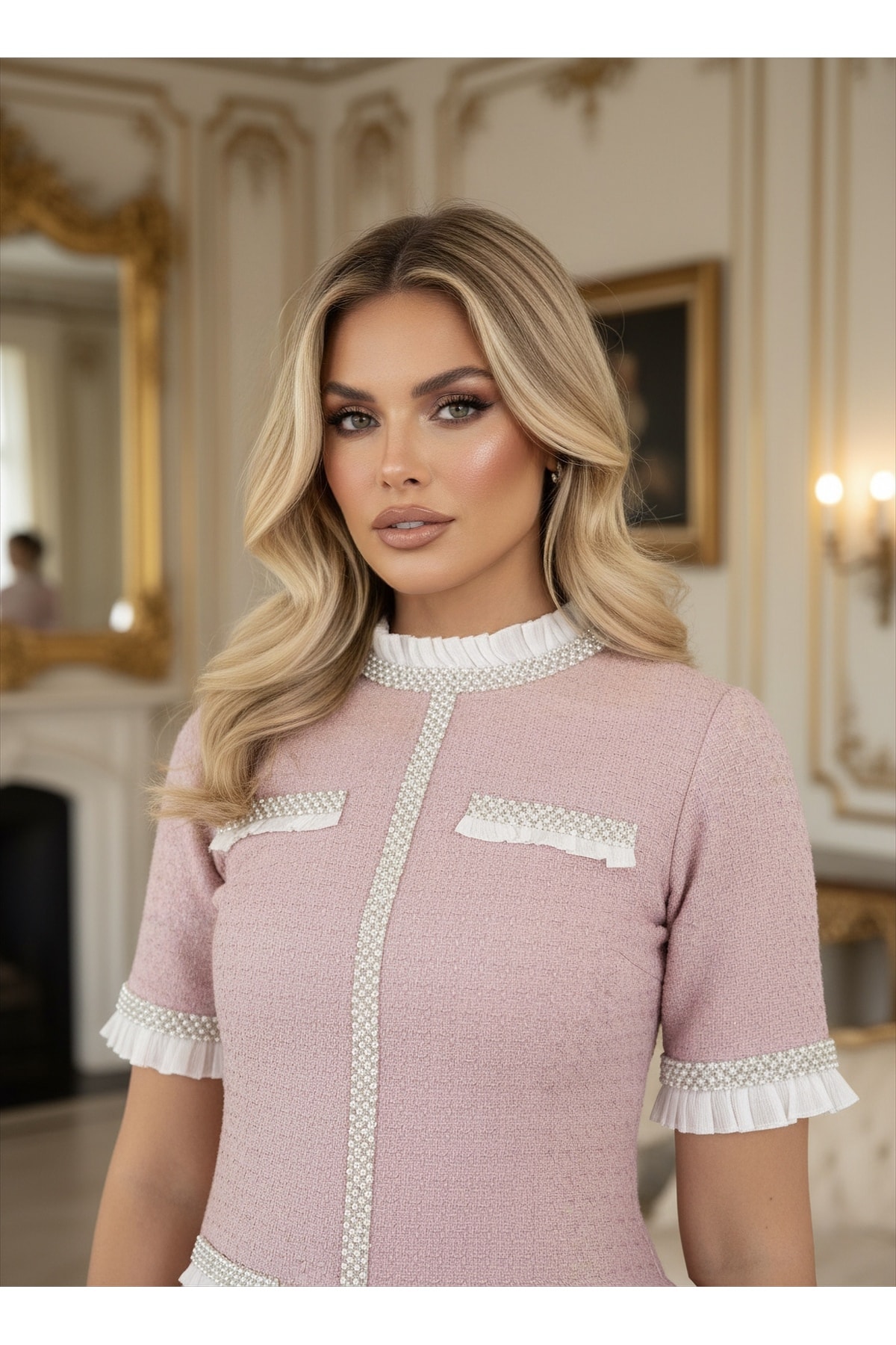 İthal Tüvit Kumaş Taş İnci İşleme Detaylı Astarlı Özel Tasarım Midi Elbise - Pembe